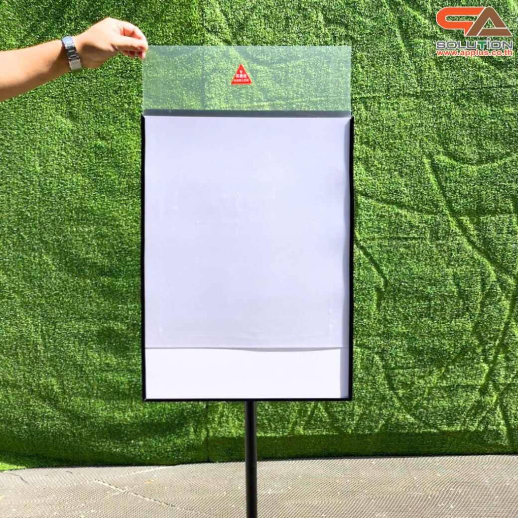 โปสเตอร์สแตนด์ ขนาด 40x60 cm. สีดำ ฐานกลม เสาเดี่ยว สอดภาพจากด้านข้าง เปลี่ยนมุมเอน ปรับแนวตั้ง-แนวนอนได้