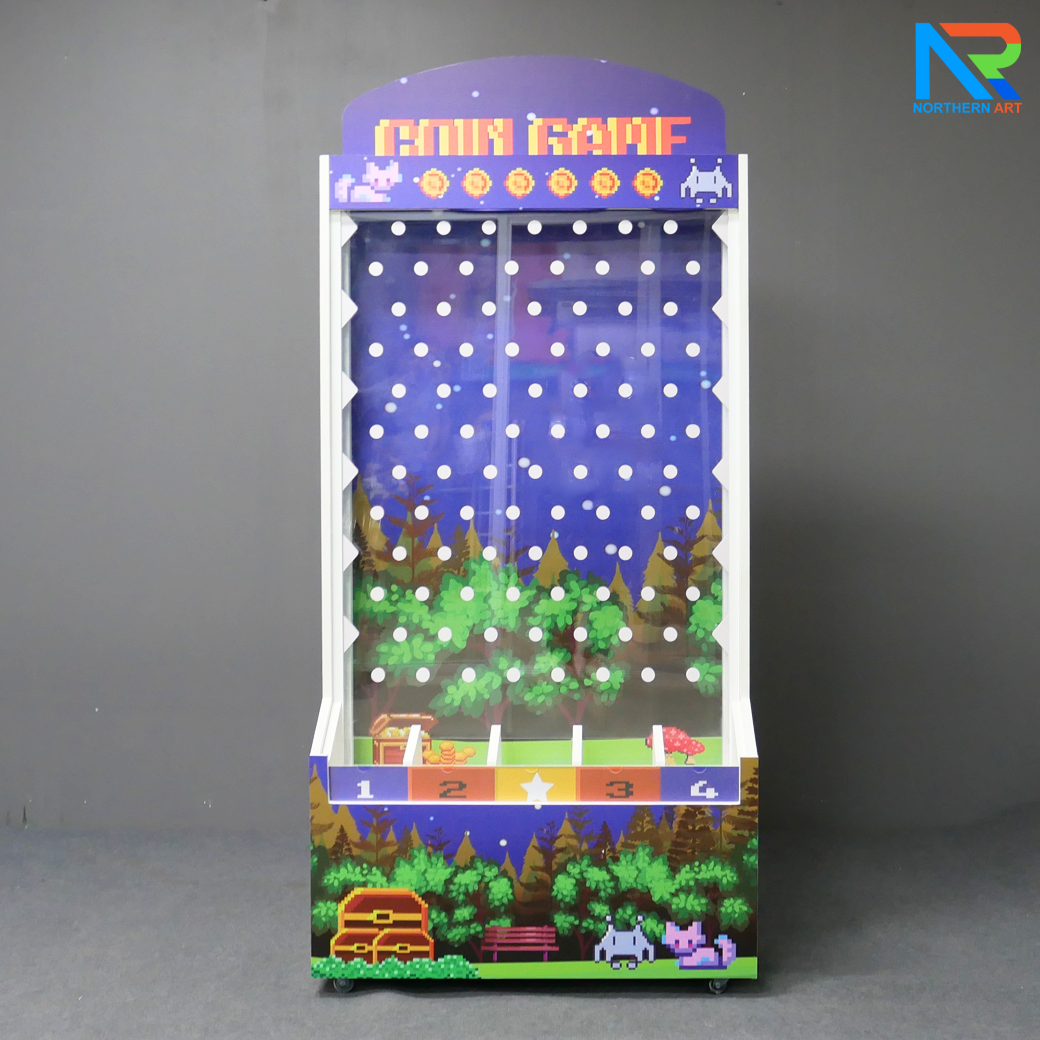 เช่าเกมส์หย่อนเหรียญตั้งพื้น มีล้อ ขนาด (W)80 X (D)30 X (H)150 cm. วัสดุไม้MDFปิดผิวเมลามีน และแผ่นอะคริลิคใส พร้อมเหรียญอะคริลิค 12 อัน