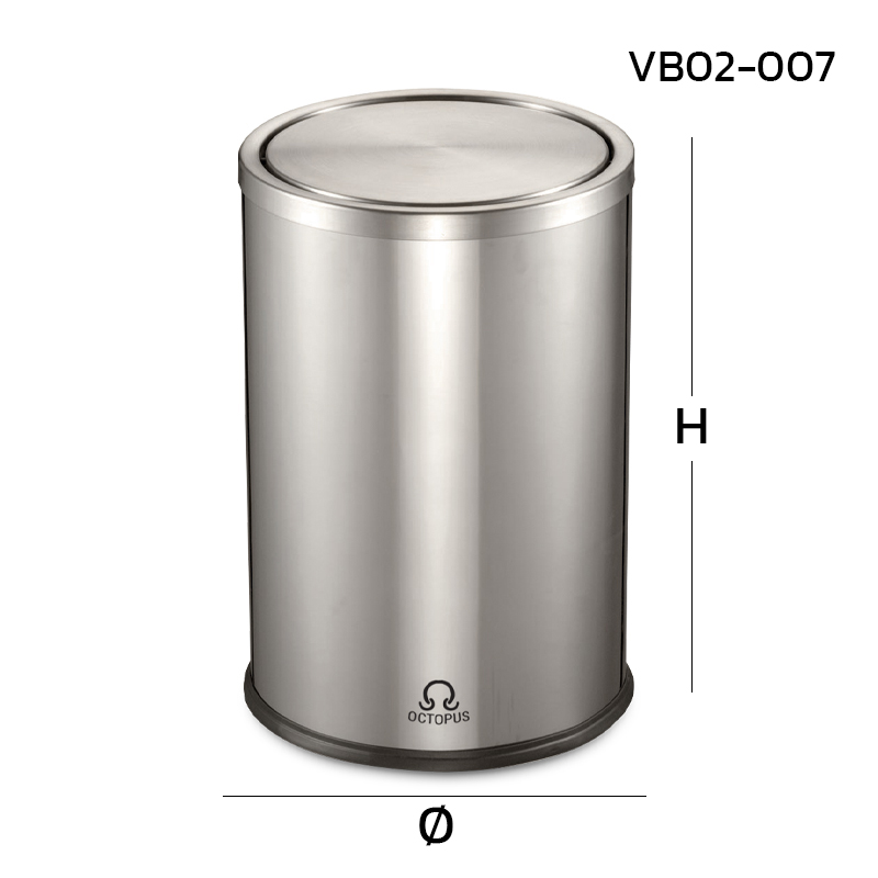 Stainless steel trash can, round shape, swing lid, 8 liters