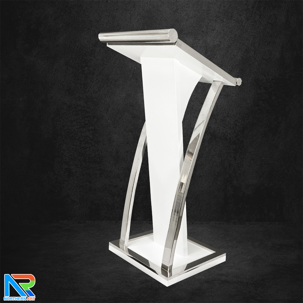 โพเดียมไม้จริง สีขาว PD-01 ขนาด (W) 48x (L) 51 (H) 120 cm Top หุ้มสแตนเลส เกรด 304 พร้อมตกแต่งเสาโค้งสแตนเลส