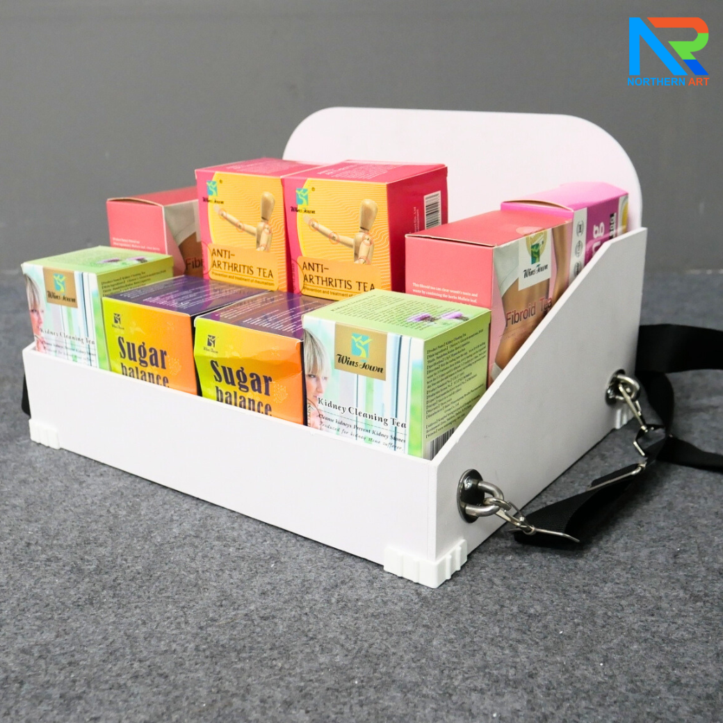 SAMPLING MOBILE TRAY ถาดแจกเคลื่อนที่ ขนาด (W)35 x (D)25 x (H)20 cm. วัสดุโครงพลาสวูดพร้อมสายคล้อง