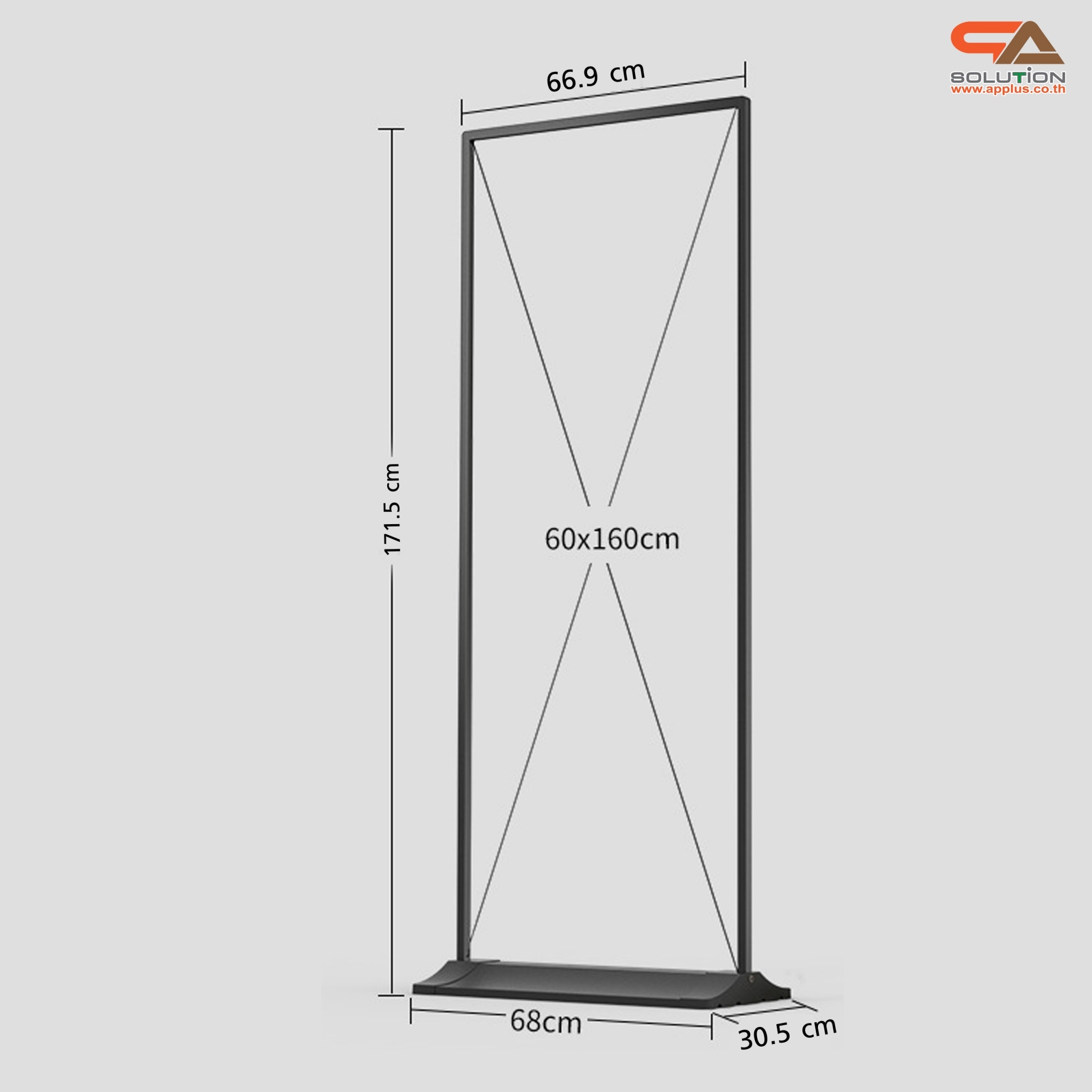 ป้ายตั้งพื้น รุ่นแขวน ฐานพลาสติกขึ้นรูป ขนาด 60x160 ซม. โครงเหล็กสีดำพร้อมขอแขวน 4 มุม ถอดประกอบได้ เคลื่อนย้ายสะดวก