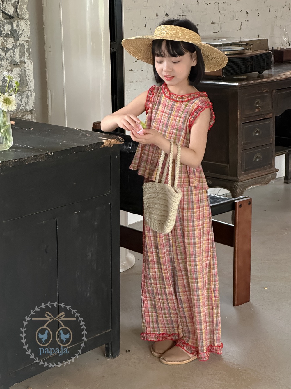 เซตเสื้อแขนกุด+กางเกงขายาวลายสก็อตสีโทนแดง