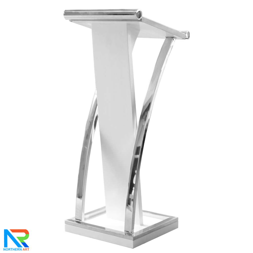 โพเดียมไม้จริง สีขาว PD-01 ขนาด (W) 48x (L) 51 (H) 120 cm Top หุ้มสแตนเลส เกรด 304 พร้อมตกแต่งเสาโค้งสแตนเลส