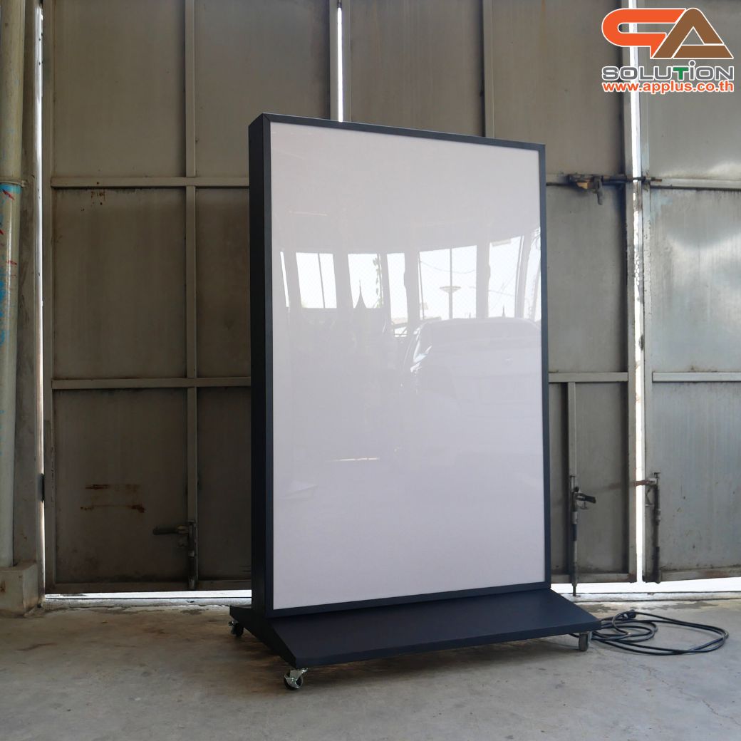 ตู้ไฟ LED ตั้งพื้น มีล้อเลื่อน ขนาด 100x150 cm.พร้อมแผ่นอะคริลิค 2 แผ่น โชว์งานพิมพ์ 2 ด้าน เหมาะกับภายนอกอาคาร