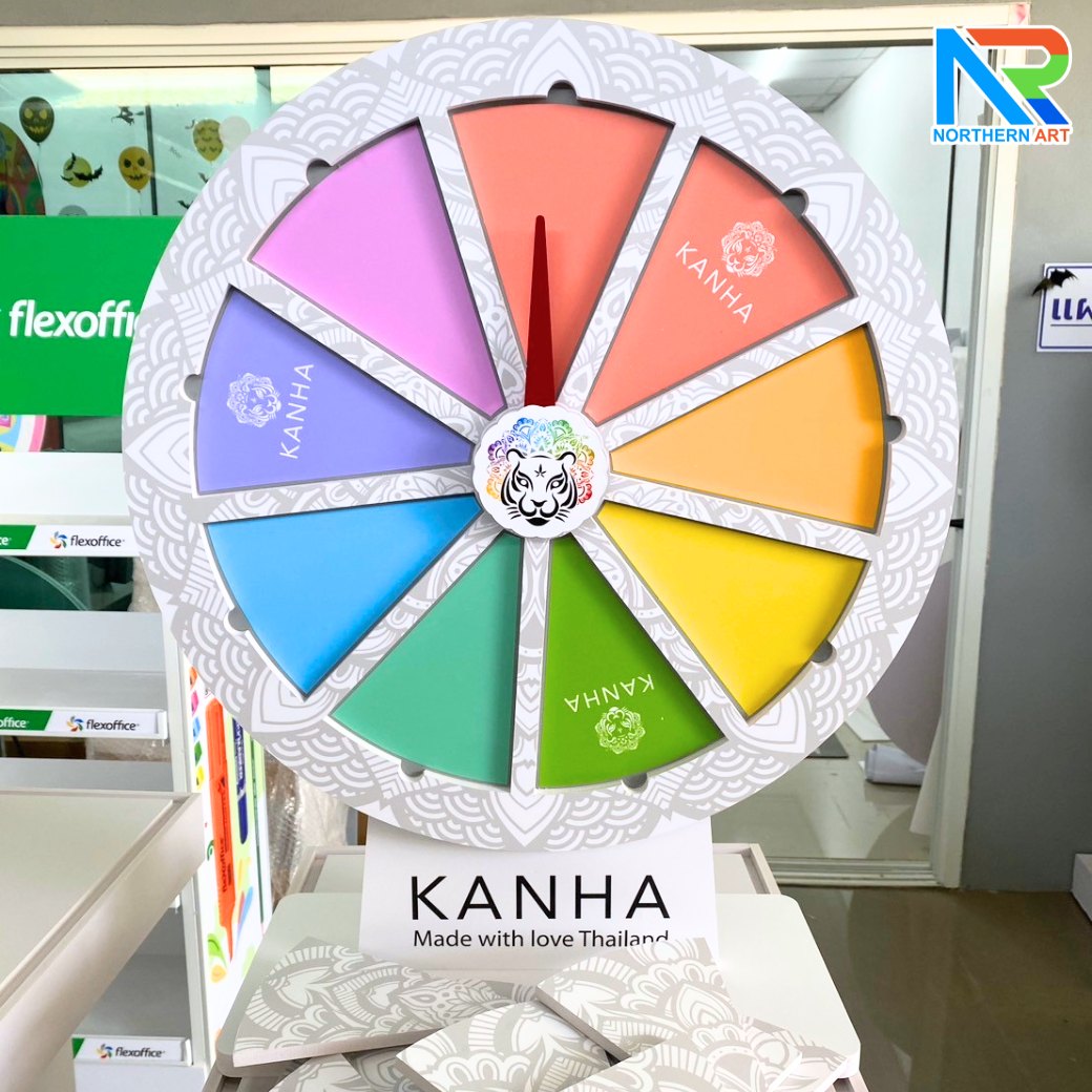 เกมส์วงล้อแม่เหล็กตั้งโต๊ะ ขนาดวงล้อ 50 ซม. สูง 61 ซม. วัสดุพลาสวูดสีขาว หนา 8-15 มม. ถอดประกอบได้