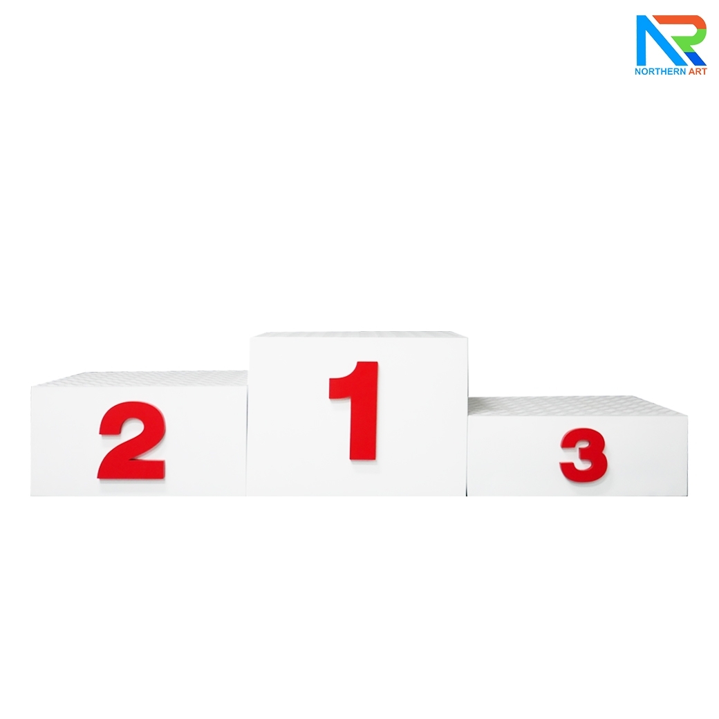 แท่นยืนรับรางวัล 1-2-3 ขนาด (W)210 x (D)50 x (H)50 cm. โครงเหล็ก ทำสีขาว พร้อมตัวเลข 1-2-3 (สั่งทำสีตามความต้องการได้)