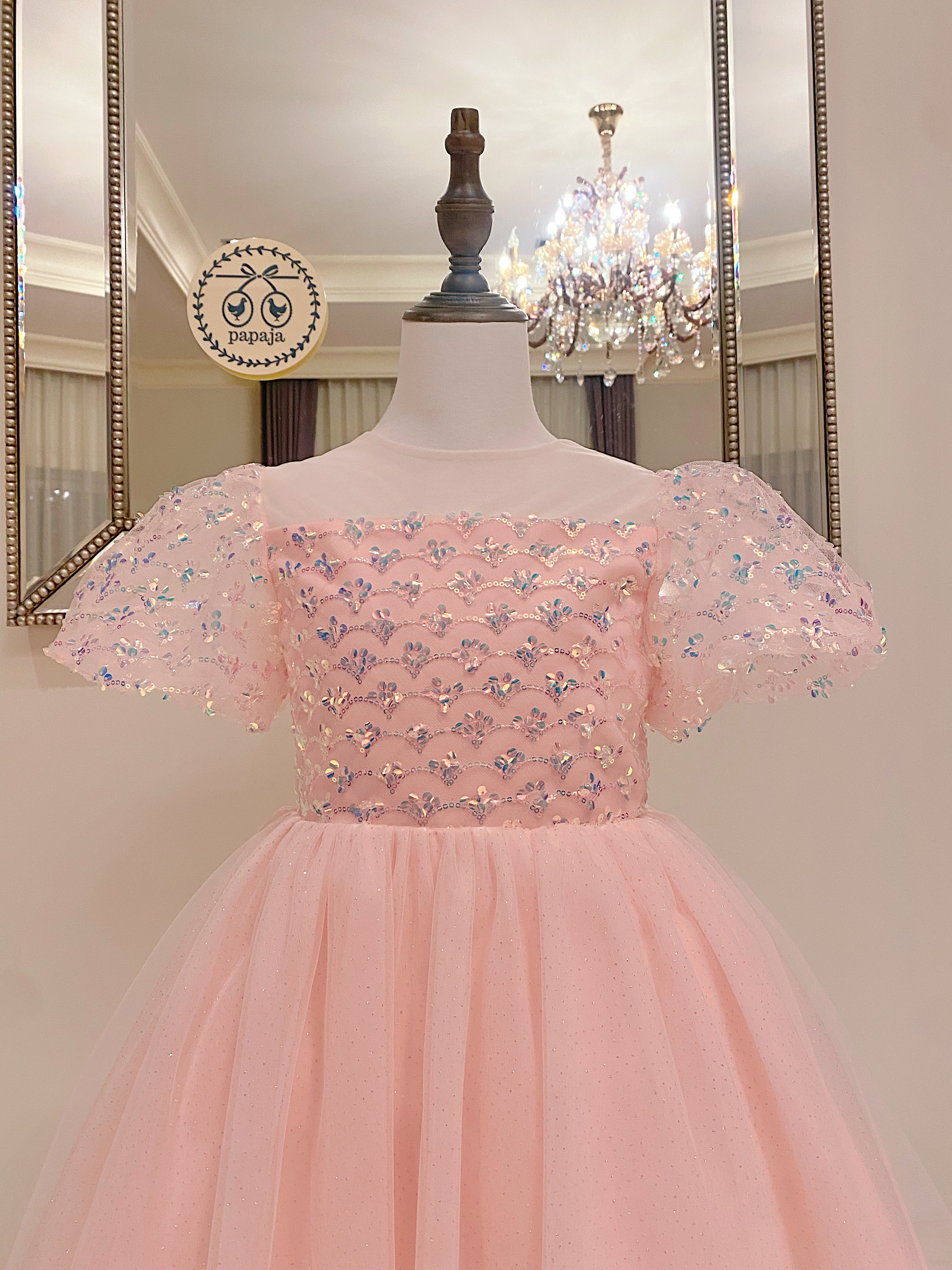 เดรสออกงานราตรีสั้นแขนตุ๊กตาสีชมพูน่ารัก