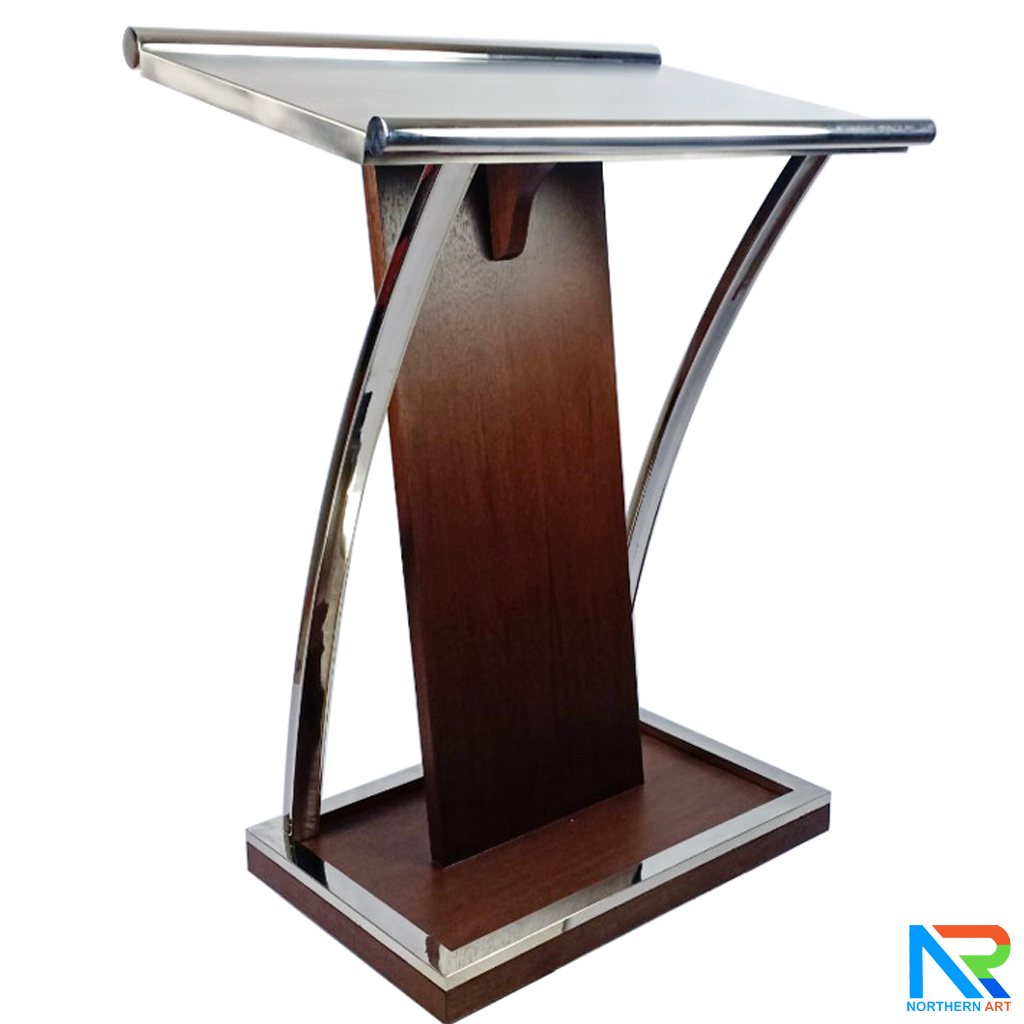 โพเดียมไม้ยืนคู่ Top หุ้มสแตนเลส สีโอ๊คน้ำตาล ขนาด (W) 90x (L) 59 x (H) 120 cm. พร้อมตกแต่งเสาโค้งสแตนเลสเกรด304