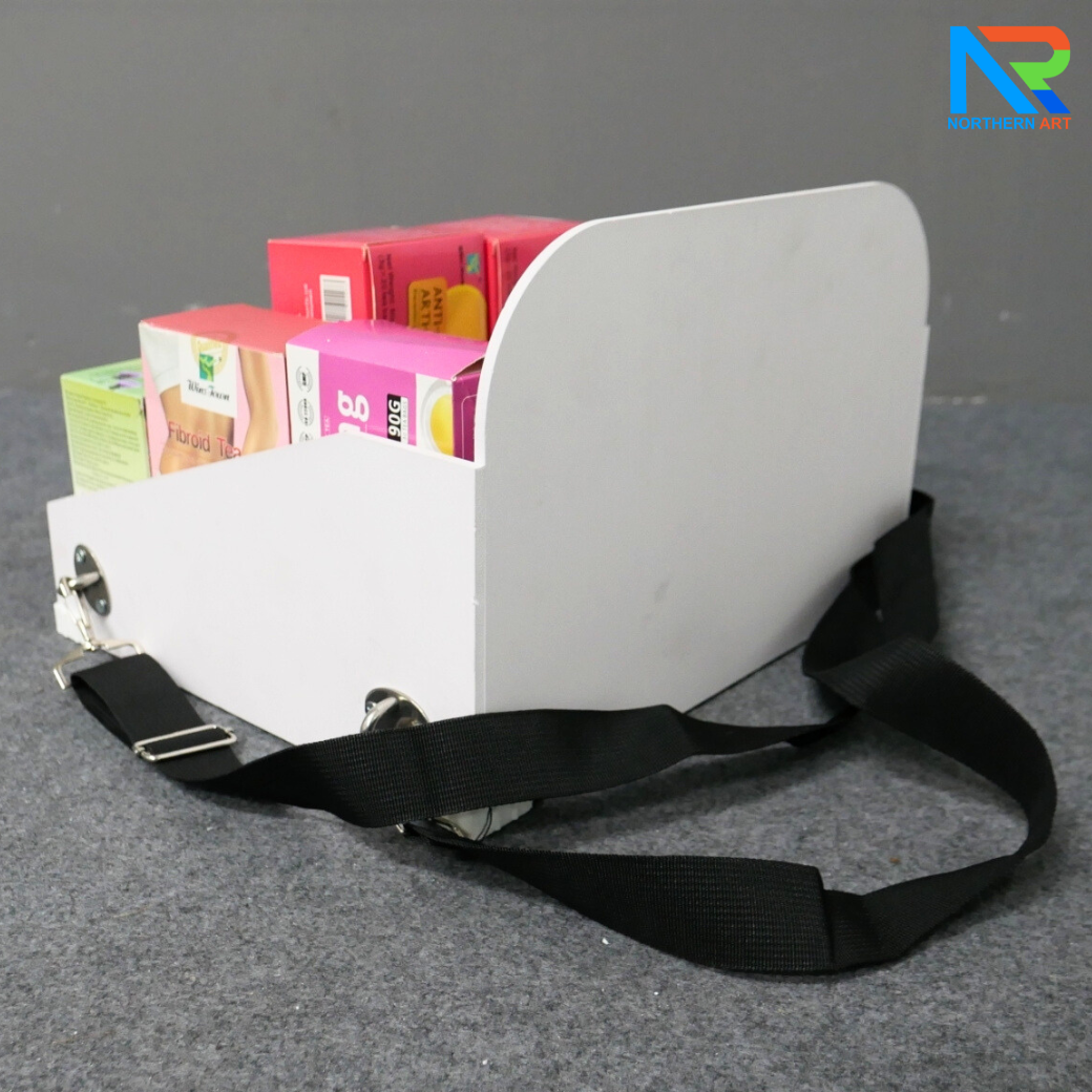 SAMPLING MOBILE TRAY ถาดแจกเคลื่อนที่ ขนาด (W)35 x (D)25 x (H)20 cm. วัสดุโครงพลาสวูดพร้อมสายคล้อง