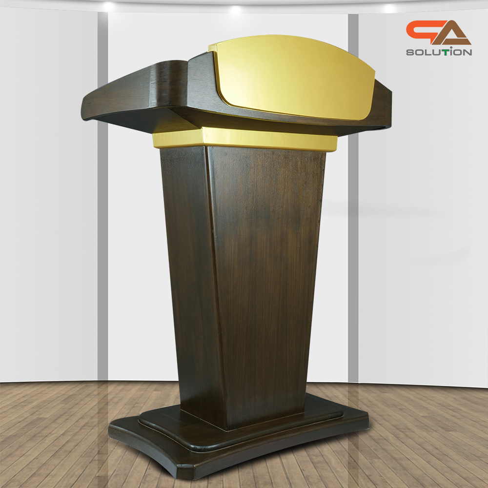 โพเดียมลายไม้ สีโอ๊คน้ำตาล และสีทอง รุ่น PD-07 ขนาดTOP (W) 90 x (L) 46 สูง 120 ซม. พร้อมชั้นวางของ