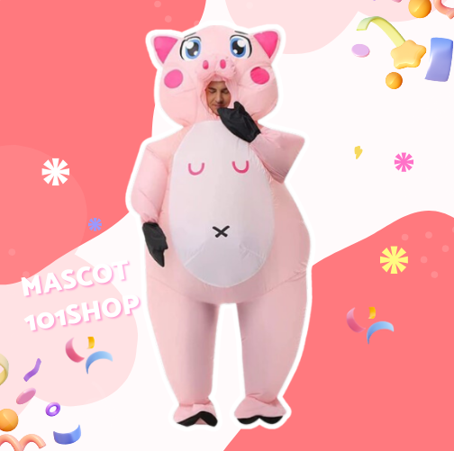 ชุดมาสคอตหมูเป่าลม สีชมพู ใส่ทั้งตัว