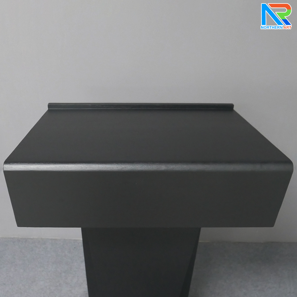 โพเดียมไม้ สีดำ ทรงโมเดิร์น TOP เอียง ขนาด (W)58 x (L)46 cm. สูง 114 cm. พร้อมตู้ใส่ของ มีกุญแจล็อค