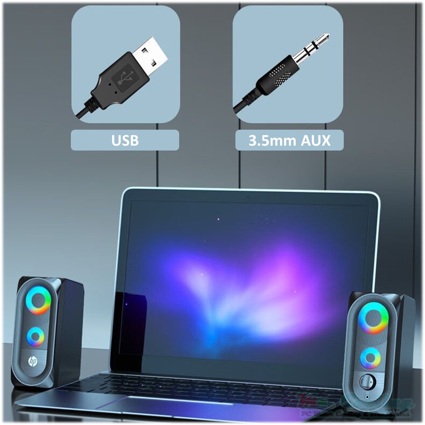 ลำโพงคู่ ไฟRGBเปลี่ยนสี HP Multimedia Speaker DH6001 ระบบSurround เสียงแน่น ชัดใส รองรับ PC Notebook TV Smartphone