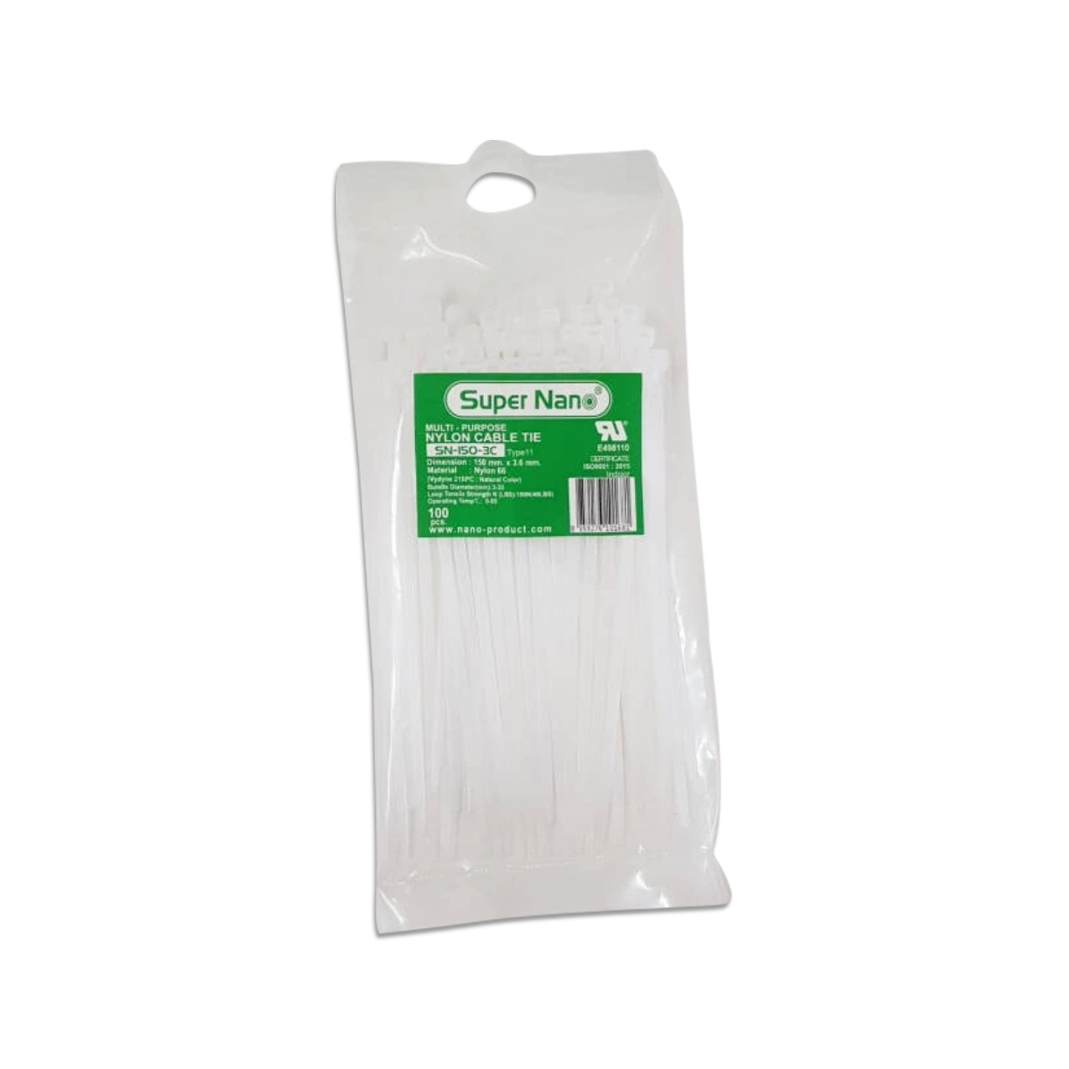 เคเบิ้ลไทร์ NANO ขาว SN-150-3C (100 ชิ้น/ถุง, 10,000 ชิ้น/กล่อง)