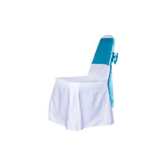 เช่าเก้าอี้บุนวม คลุมผ้าสีขาว ผูกโบว์สีทอง-สีฟ้า ( ขั้นต่ำ 10 ตัว )