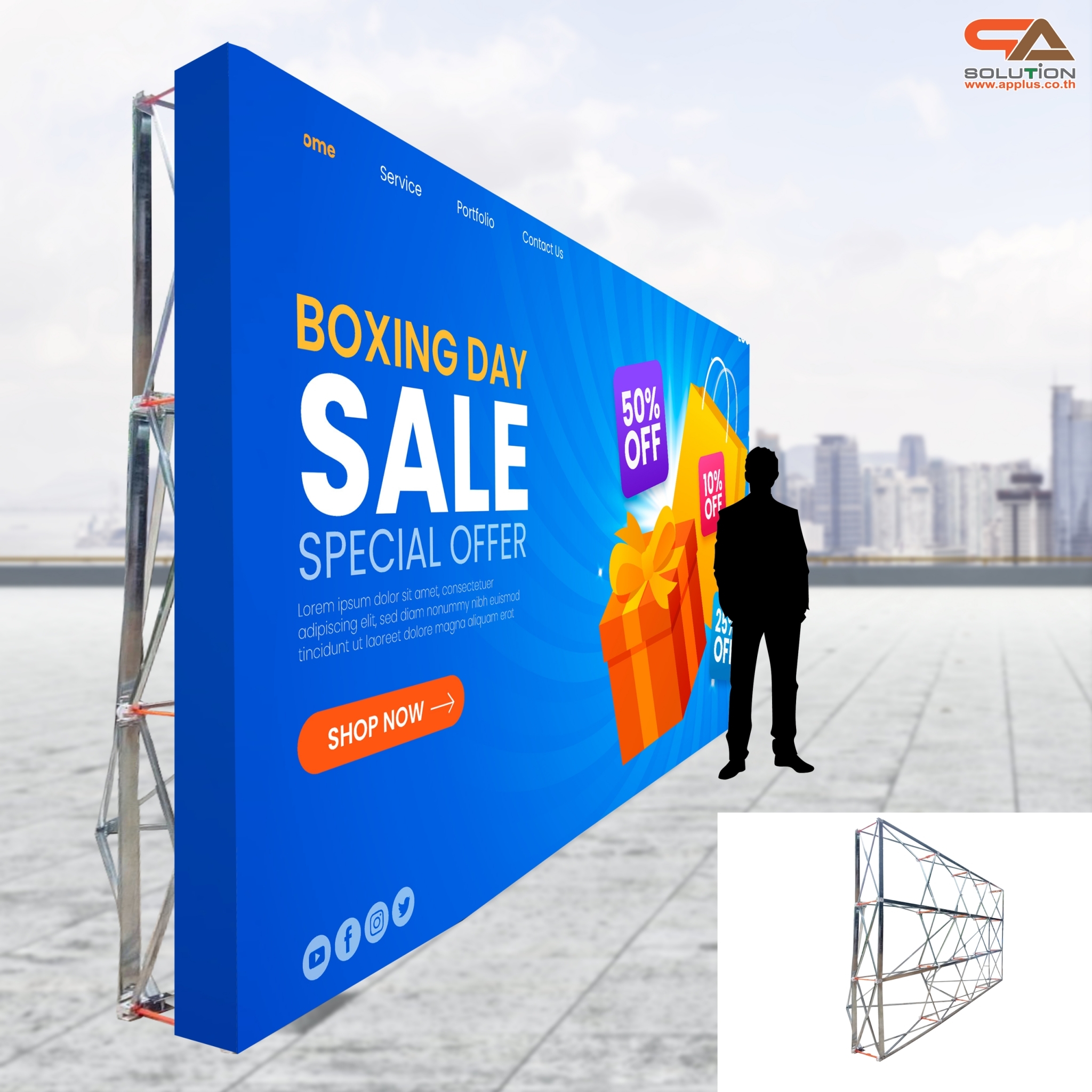 VINYL BACKDROP OUTDOOR แบคดรอบไวนิล รุ่น 3x4 ขนาด (W)400 x (H)300 cm. โครงอะลูมิเนียมพร้อมขาค้ำยัน ถอดประกอบได้ เหมาะกับงานภายนอกอาคาร