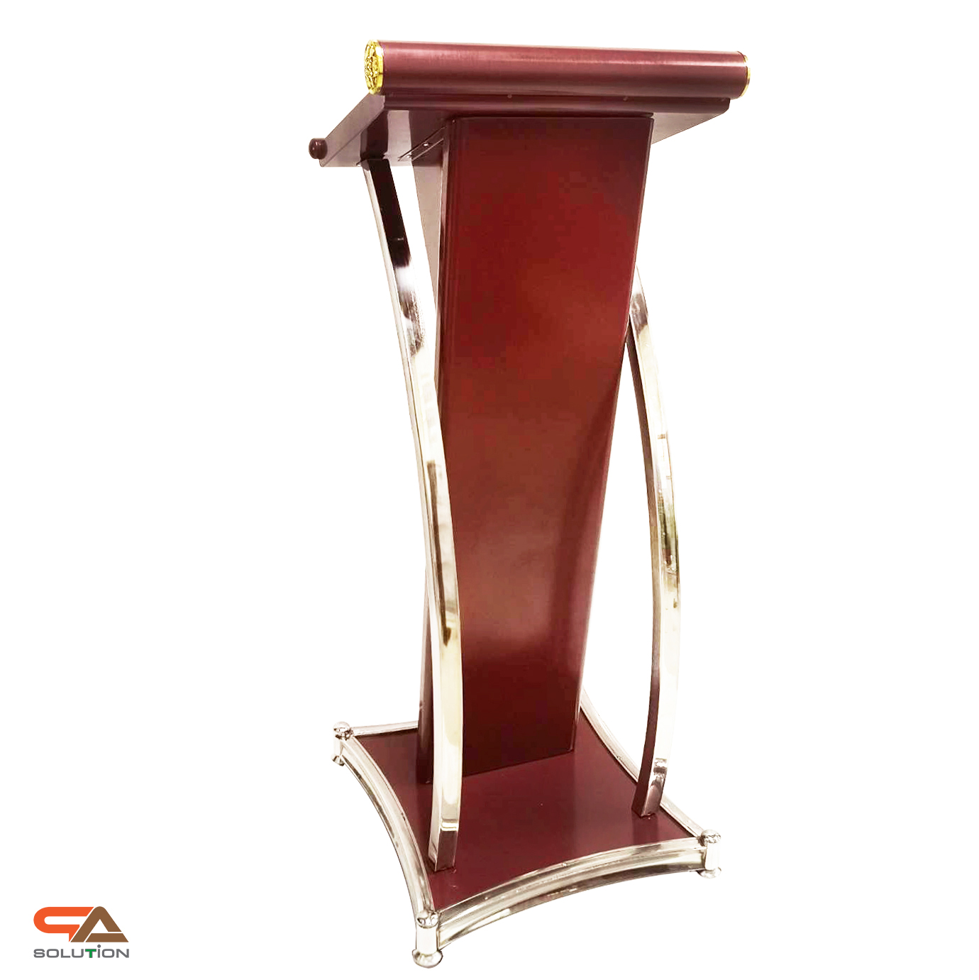 โพเดียมเหล็ก สีโอ๊คแดง ตกแต่งเสาโค้งสแตนเลสสีเงิน ขนาดTOP (W)48 x (L)39 สูง 117 cm.