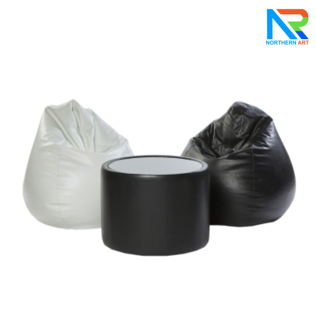 เช่าชุดโต๊ะกลางกลม หุ้มหนัง Top กระจก พร้อมเก้าอี้ Beanbag ทรงหยดน้ำ 2 ตัว