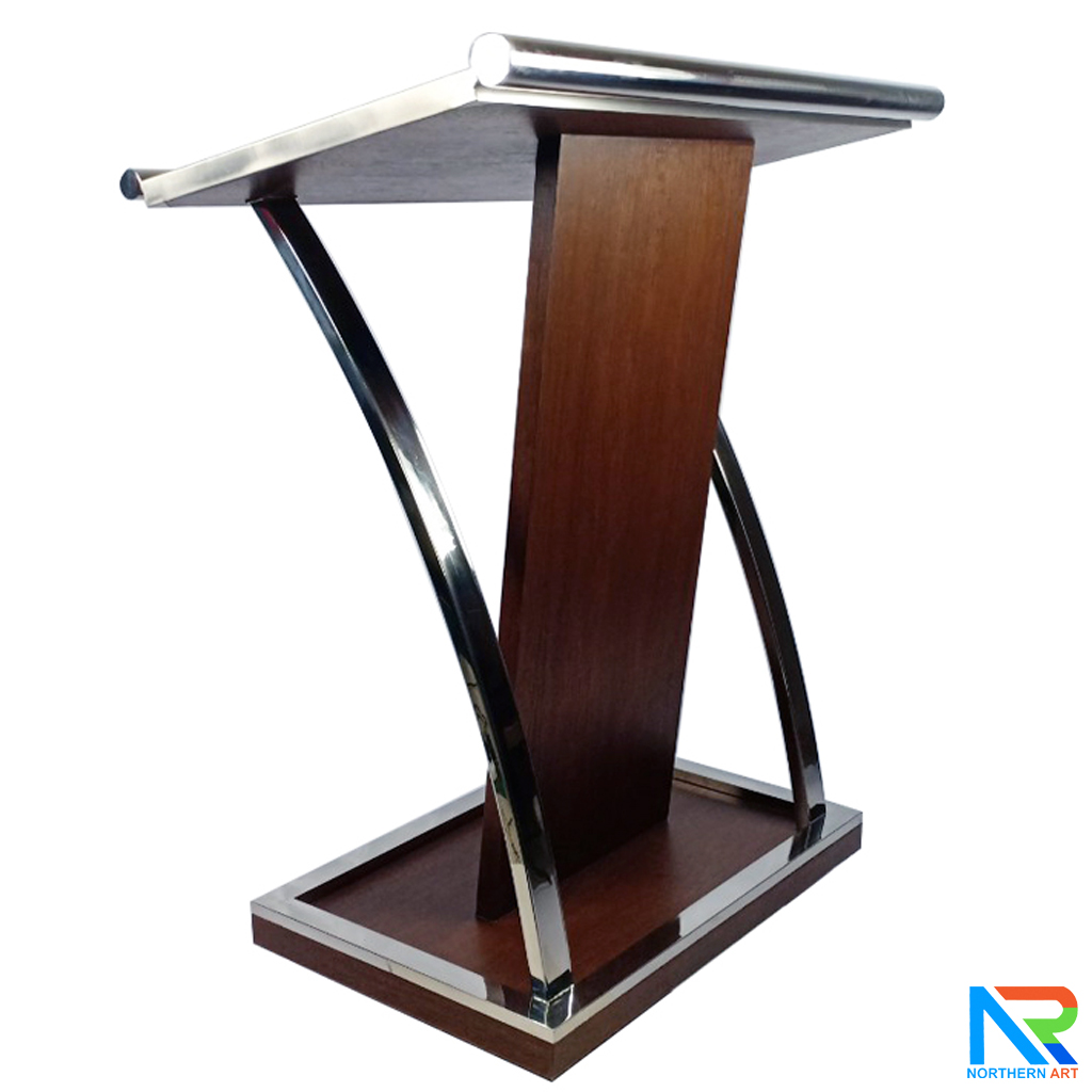 โพเดียมไม้ยืนคู่ Top หุ้มสแตนเลส สีโอ๊คน้ำตาล ขนาด (W) 90x (L) 59 x (H) 120 cm. พร้อมตกแต่งเสาโค้งสแตนเลสเกรด304