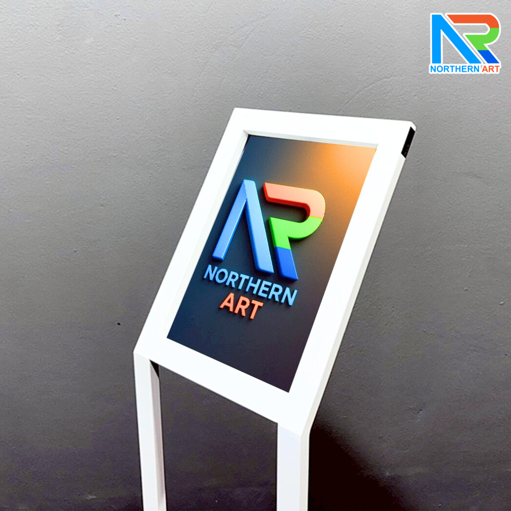 โปสเตอร์สแตนด์ตั้งพื้น รุ่นโชว์รูมรถ ขนาด A4 สอดงานพิมพ์ด้านบน วัสดุเหล็ก สีขาว มั่นคงแข็งแรง