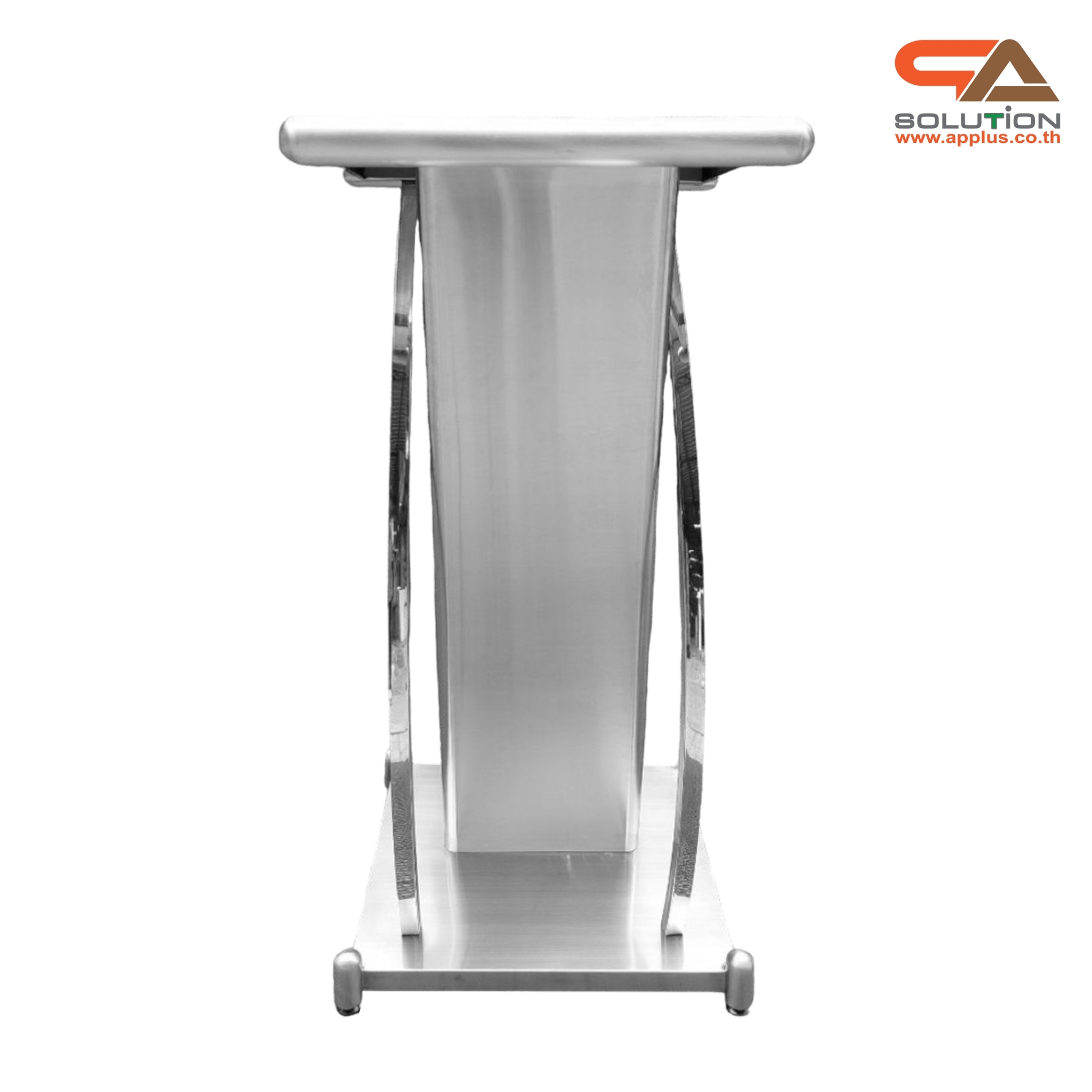 โพเดียมสแตนเลส แฮร์ไลน์ ST-01 ขนาด TOP (W)57 x (L)49 สูง (H)116 ซม. ตกแต่งสแตนเลสโค้งด้านข้าง เกรด304 แข็งแรงทนทาน