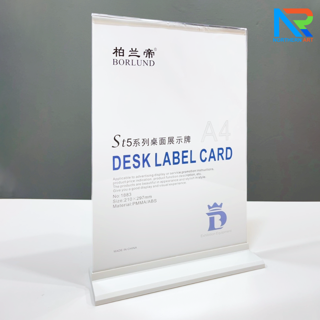 ป้ายตั้งโต๊ะ อะคริลิค ฐานพลาสติก สีขาว ขนาด A4 โชว์งานพิมพ์ได้ 2 หน้า ถอดประกอบได้