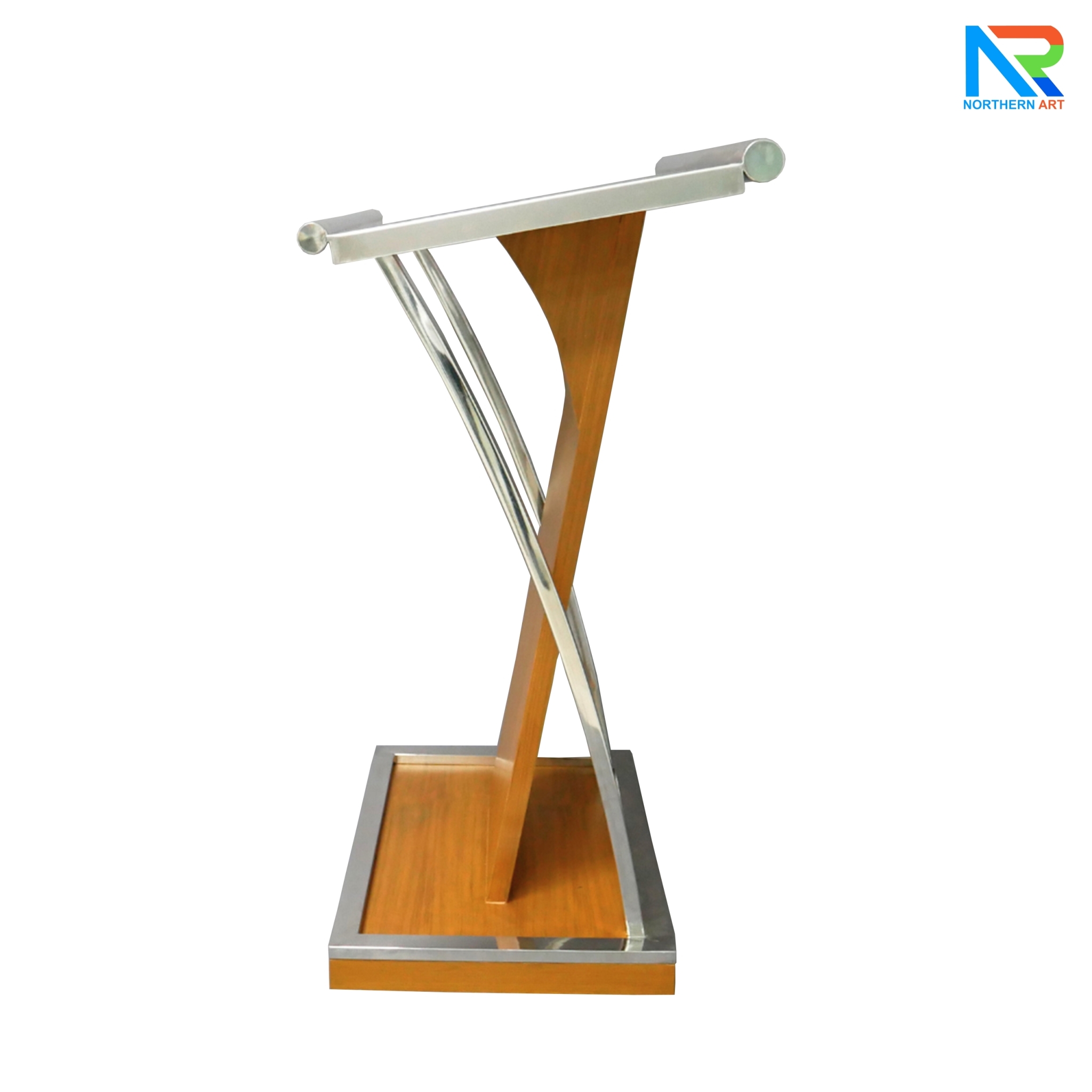 โพเดียมไม้ยืนคู่ Top หุ้มสแตนเลสยืนคู่ สีสัก ขนาด (W) 90x (L) 59 x (H) 120 cm. พร้อมตกแต่งเสาโค้งสแตนเลสเกรด304