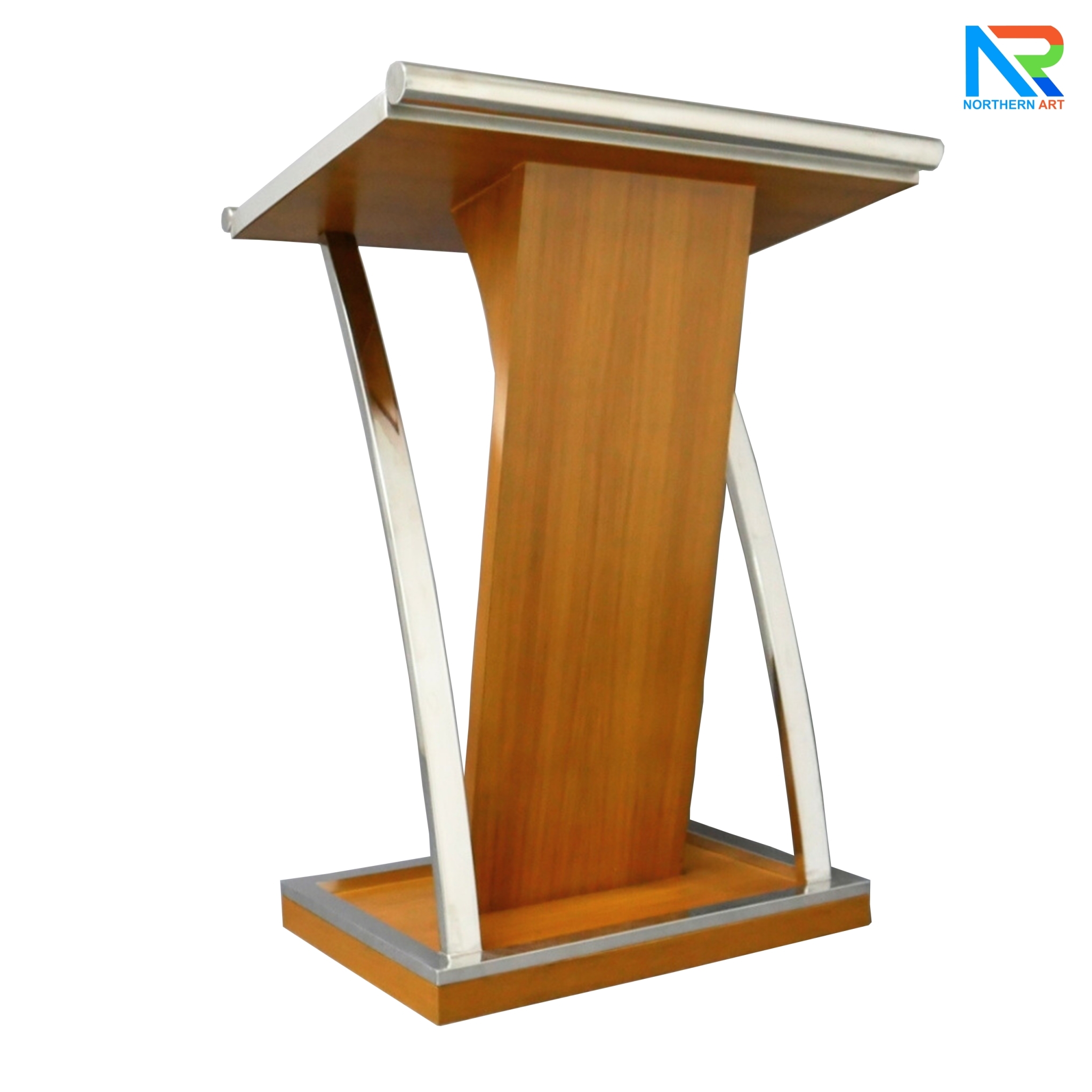 โพเดียมไม้ยืนคู่ Top หุ้มสแตนเลสยืนคู่ สีสัก ขนาด (W) 90x (L) 59 x (H) 120 cm. พร้อมตกแต่งเสาโค้งสแตนเลสเกรด304