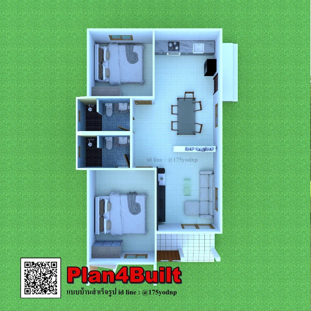 แบบบ้านชั้นเดียว ขนาด2ห้องนอน 2ห้องน้ำ หลังคาทรงจั่วมุงกระเบื้องซีแพคโมเนีย