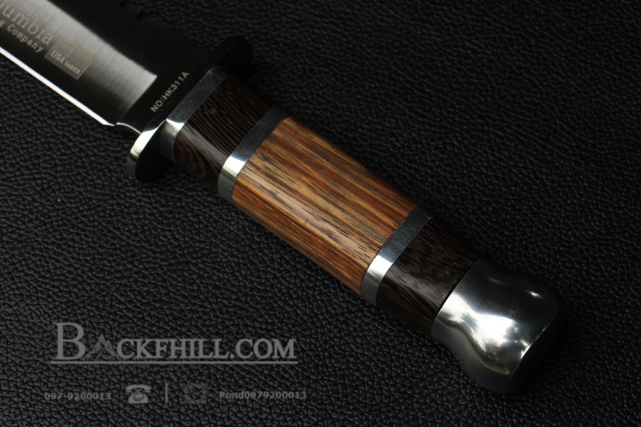 มีดใบตาย COLUMBIA รุ่น HK311A ใบมีดทรงโบวี่ ด้ามจับไม้คลาสสิค ท้าย Stainless Steel พร้อมซองไนลอน