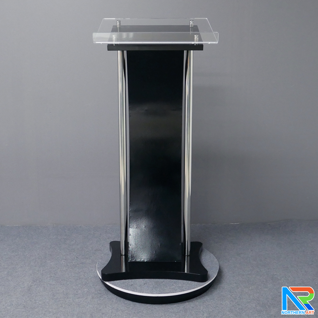 โพเดียมไม้ สีดำ ขนาด (W) 50 x (L) 40 x (H) 120 cm. พร้อมเสาสแตนเลสคู่ TOP เอียง อะคริลิคใส ติดหมุด