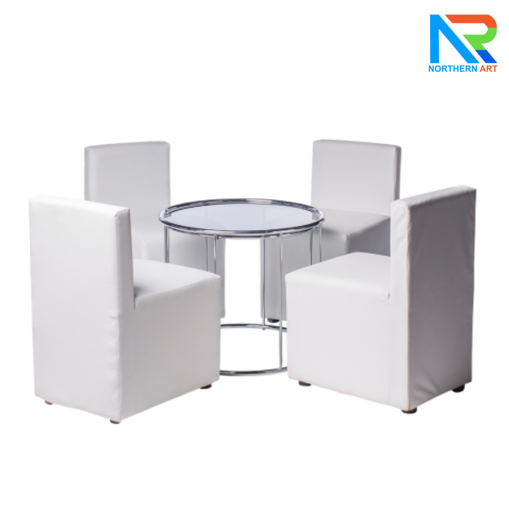 เช่าชุดโต๊ะกลม Top กระจก บอดี้และฐาน สแตนเลสเกรด 304 พร้อมเก้าอี้ 4 ตัว (เก้าอี้มีหลายแบบให้เลือก)