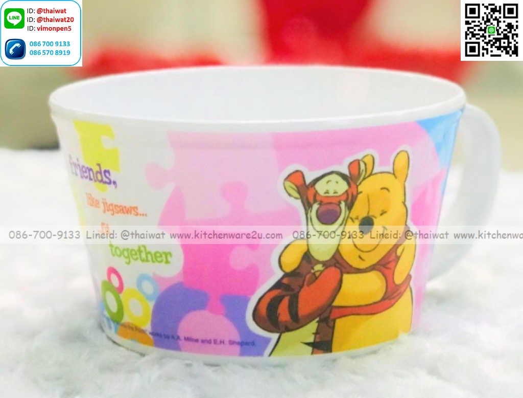 P09062 ถ้วยหูใหญ่ 5.25 นิ้ว ลายหมีพูห์ Jigsaws เมลามีนและลิขสิทธิ์แท้ Flowerware เครือซูปเปอร์แวร์ No.C21080 (ราคาขายส่งต่อ 12 ใบ: เฉลี่ย 140 บต่อใบ)