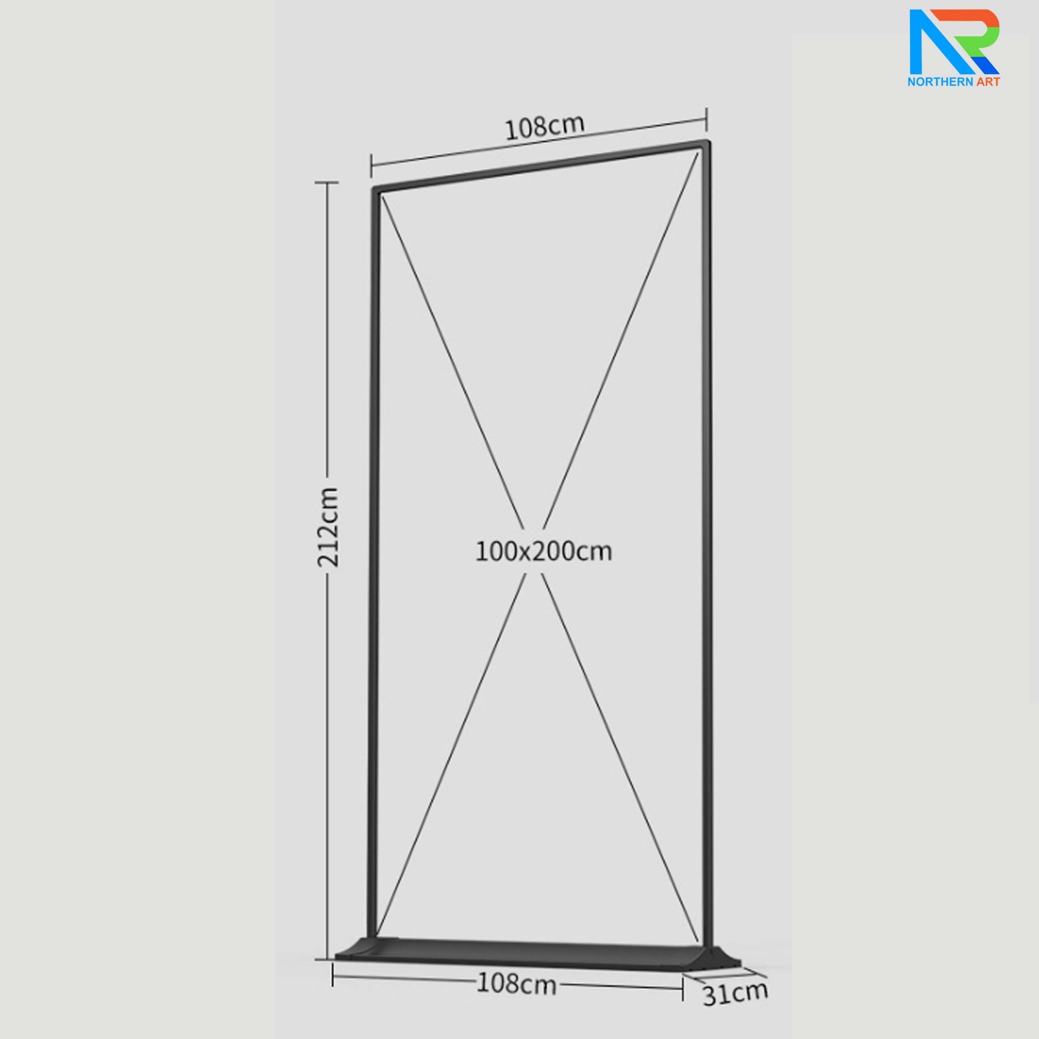 ป้ายตั้งพื้น รุ่นแขวน ฐานพลาสติกขึ้นรูป ขนาด (W)100 x (H)200 ซม. โครงเหล็กสีดำ พร้อมขอแขวน 4 มุมถอดประกอบได้ เคลื่อนย้ายสะดวก