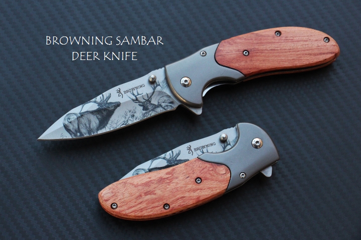 มีดพับด้ามไม้ลายเขากวาง BROWNING SAMBAR DEER KNIFE.