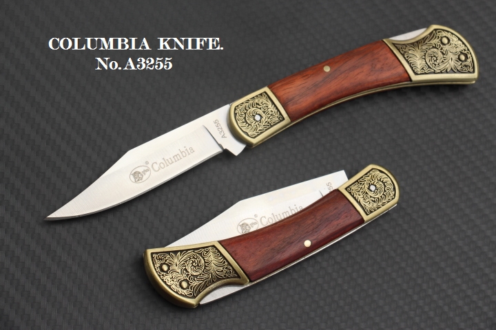 มีดพับทรงคลาสสิค COLUMBIA No.A3255 ด้ามไม้แท้ + ทองเหลืองแกะลายไม้เลื้อย