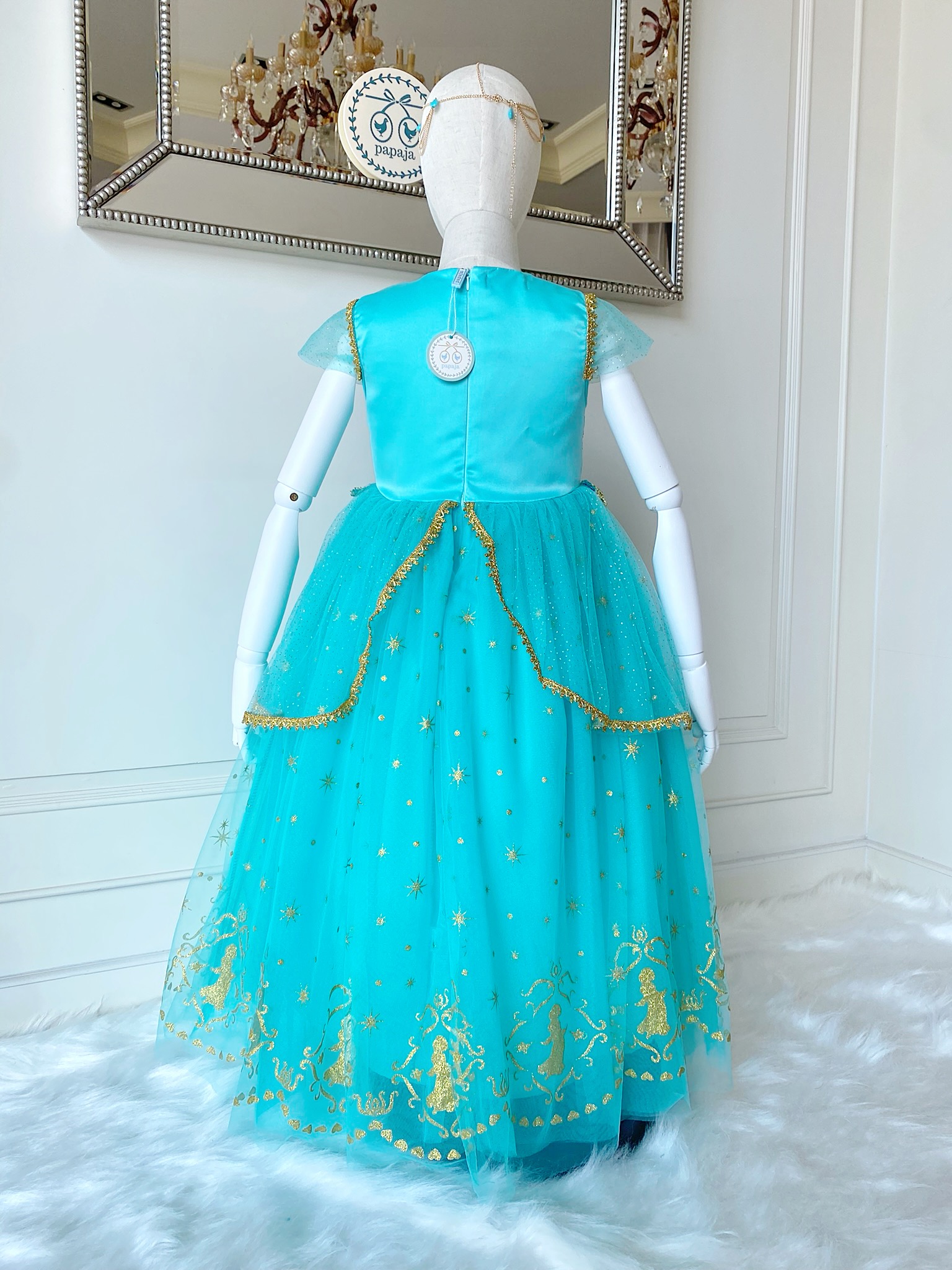 ชุดเจ้าหญิงจัสมิน (Jasmine) รุ่นกระโปรงบานยาว พร้อมเครื่องประดับผมสร้อยสีทองประดับพลอย