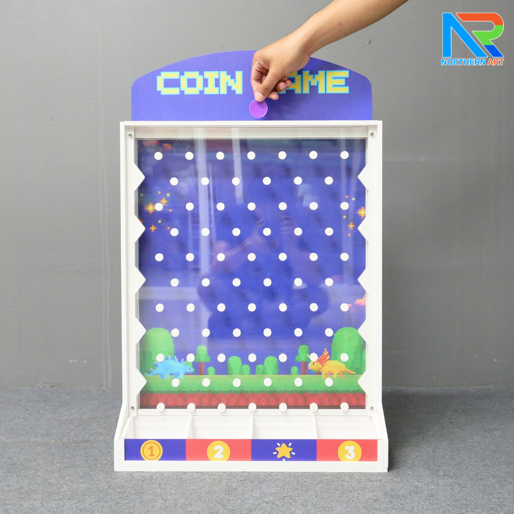เช่าเกมส์หย่อนเหรียญตั้งโต๊ะ ขนาด (W)50 X (D)20 X (H)80 cm. วัสดุพลาสวูดหนา 8 มม. พร้อมเหรียญพลาสติกคละสี 10 เหรียญ