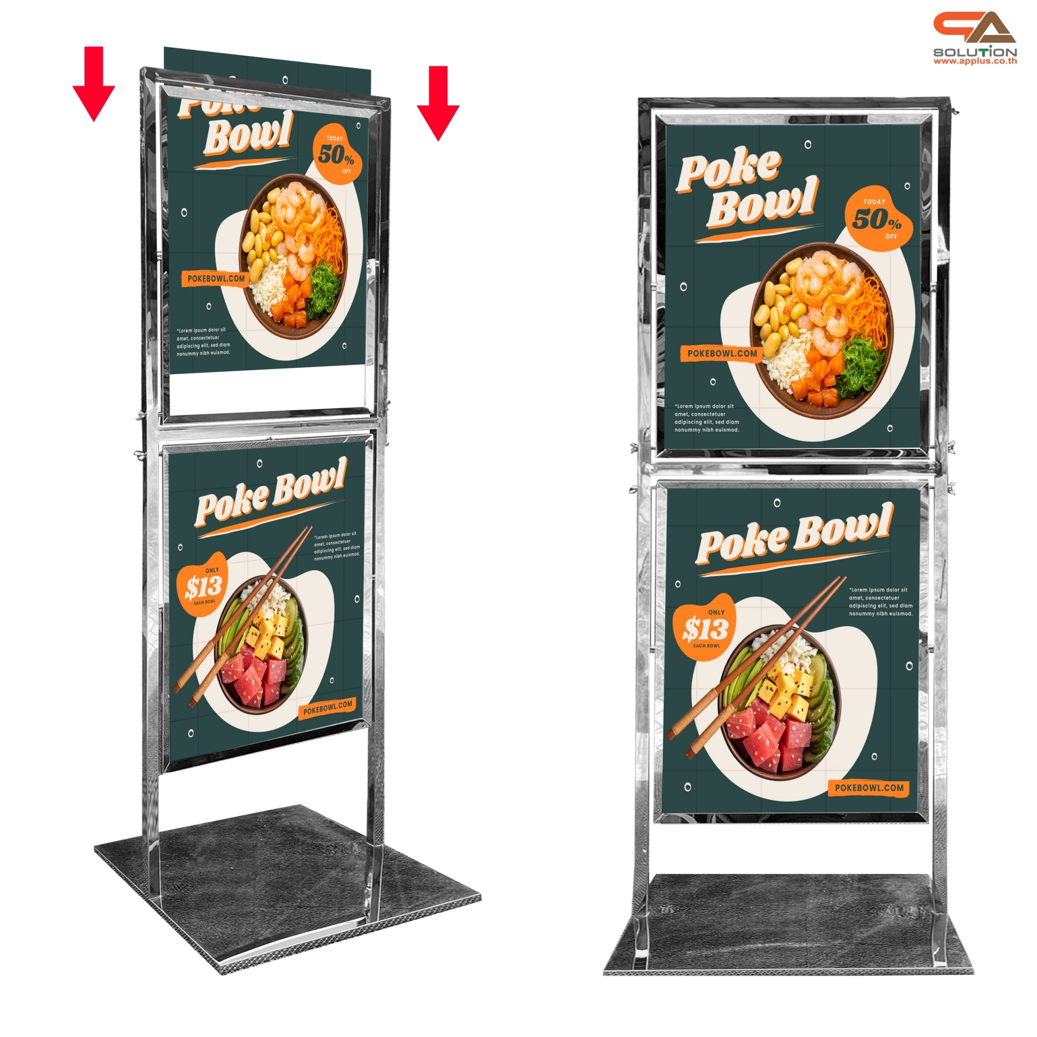 โปสเตอร์สแตนด์ สแตนเลส รุ่น 2 เฟรม หมุนได้ 360 องศา ขนาด 50×70 ซม สแตนเลสเกรด 304 ไม่เป็นสนิม โชว์งานพิมพ์ 2 ด้าน สอดงานพิมพ์ด้านบน