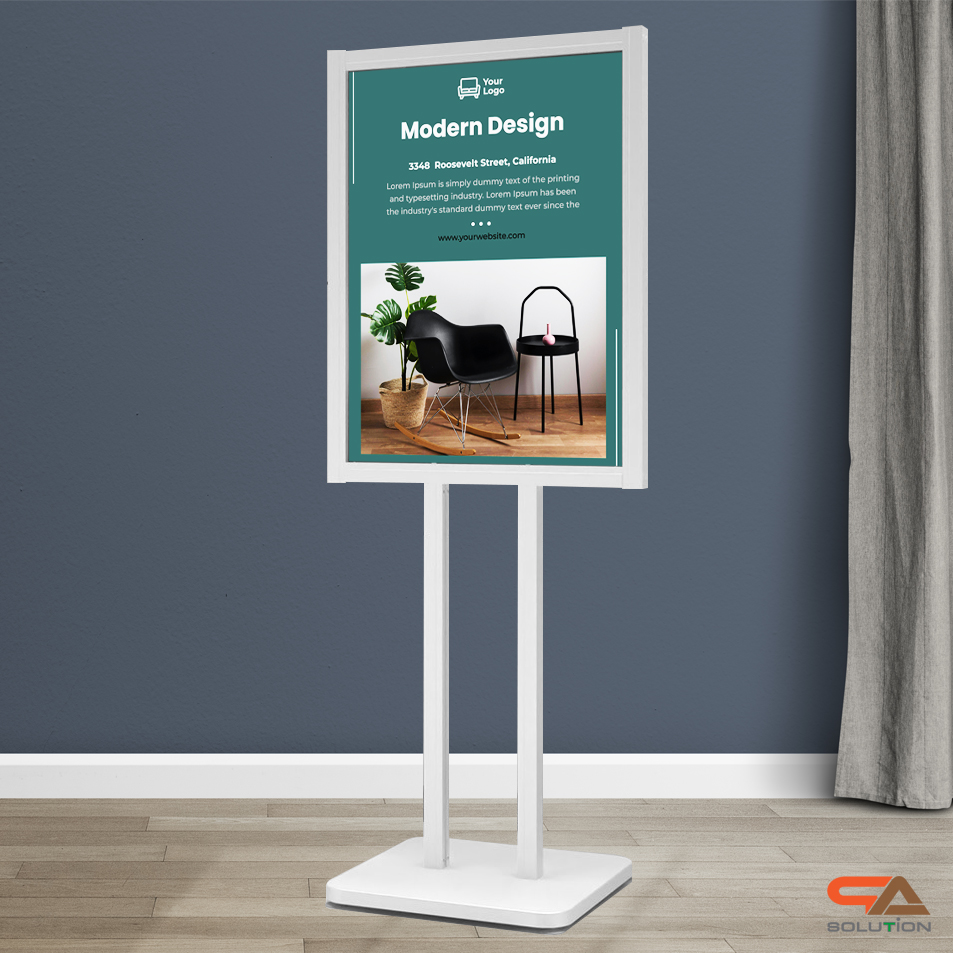 โปสเตอร์สแตนด์ อะลูมิเนียม สีขาว เสาคู่ ขนาด (W)60 x (L)44 x (H)153 cm. ฐานเหล็กสี่เหลี่ยม โชว์งานพิมพ์ 2 ด้าน ถอดประกอบได้