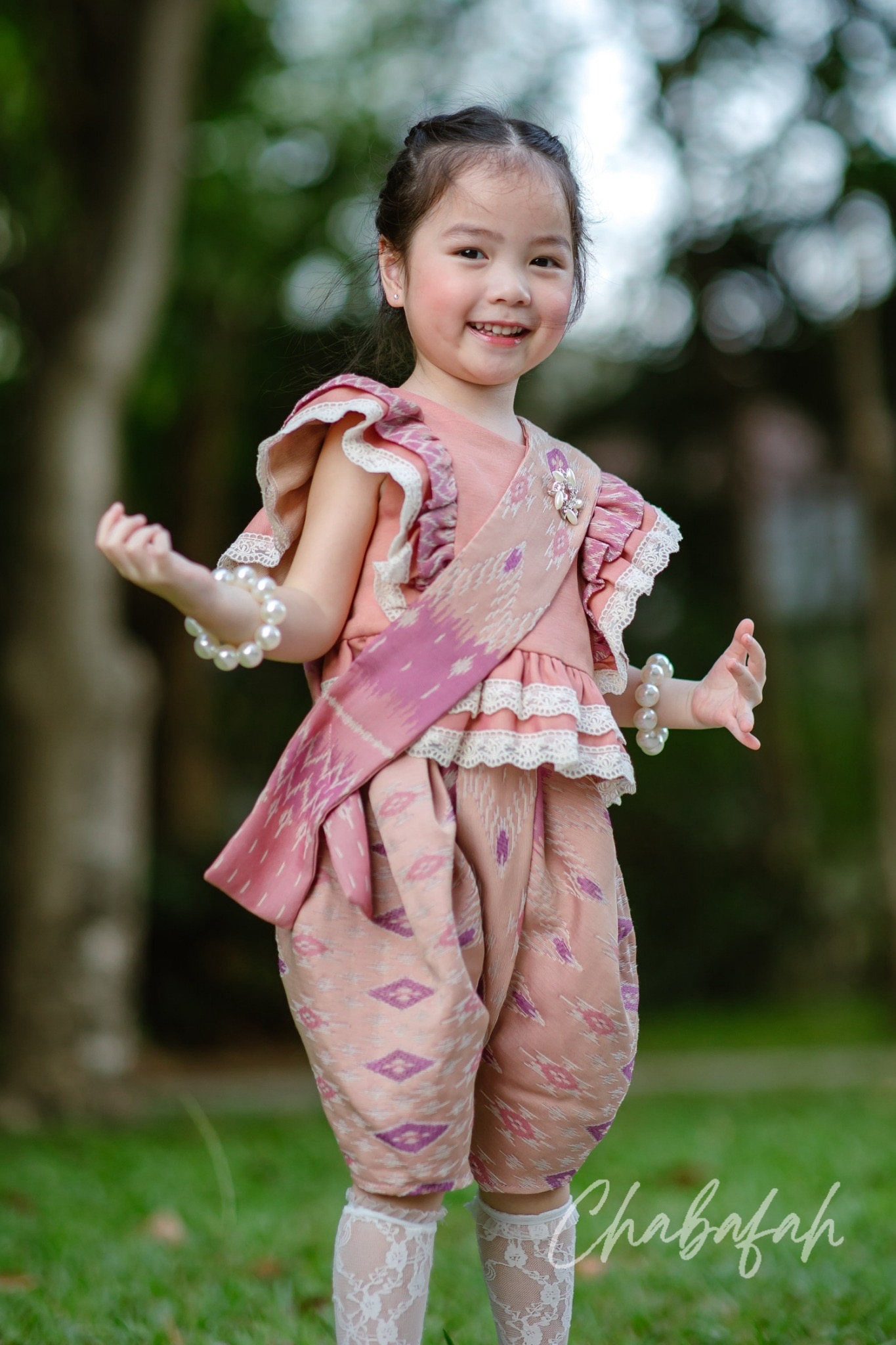 (เซต 4 ชิ้น) ชุดไทยแบรนด์ Chabafah รุ่น "ศิรินภา" สีชมพูพีช