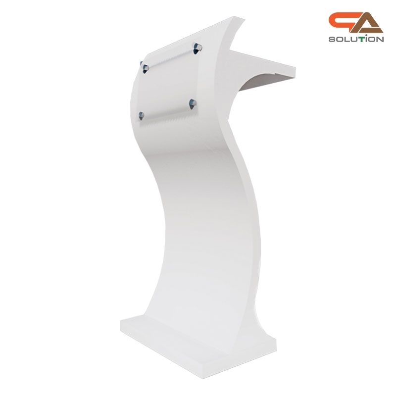 โพเดียมไม้ สีขาว ทรง S ขนาด (W)55 x (L)35 x (H)119 ซม. พร้อมอะคริลิคติดหมุดด้านหน้า สำหรับติดโลโก้