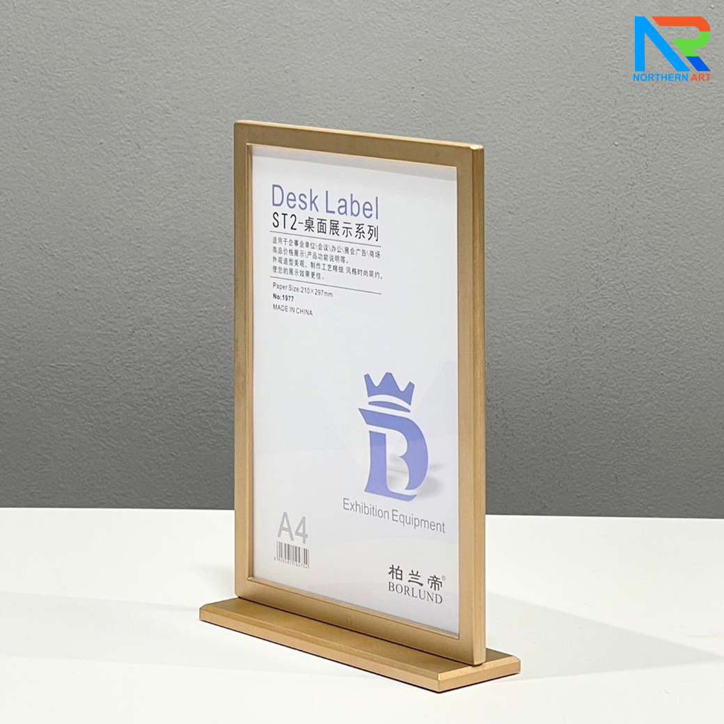 ป้ายตั้งโต๊ะ รุ่น F กรอบเฟรม สีทองและสีเงิน ขนาด A4 ฐานพลาสติก โชว์งานพิมพ์ได้ 2 หน้า ถอดประกอบได้