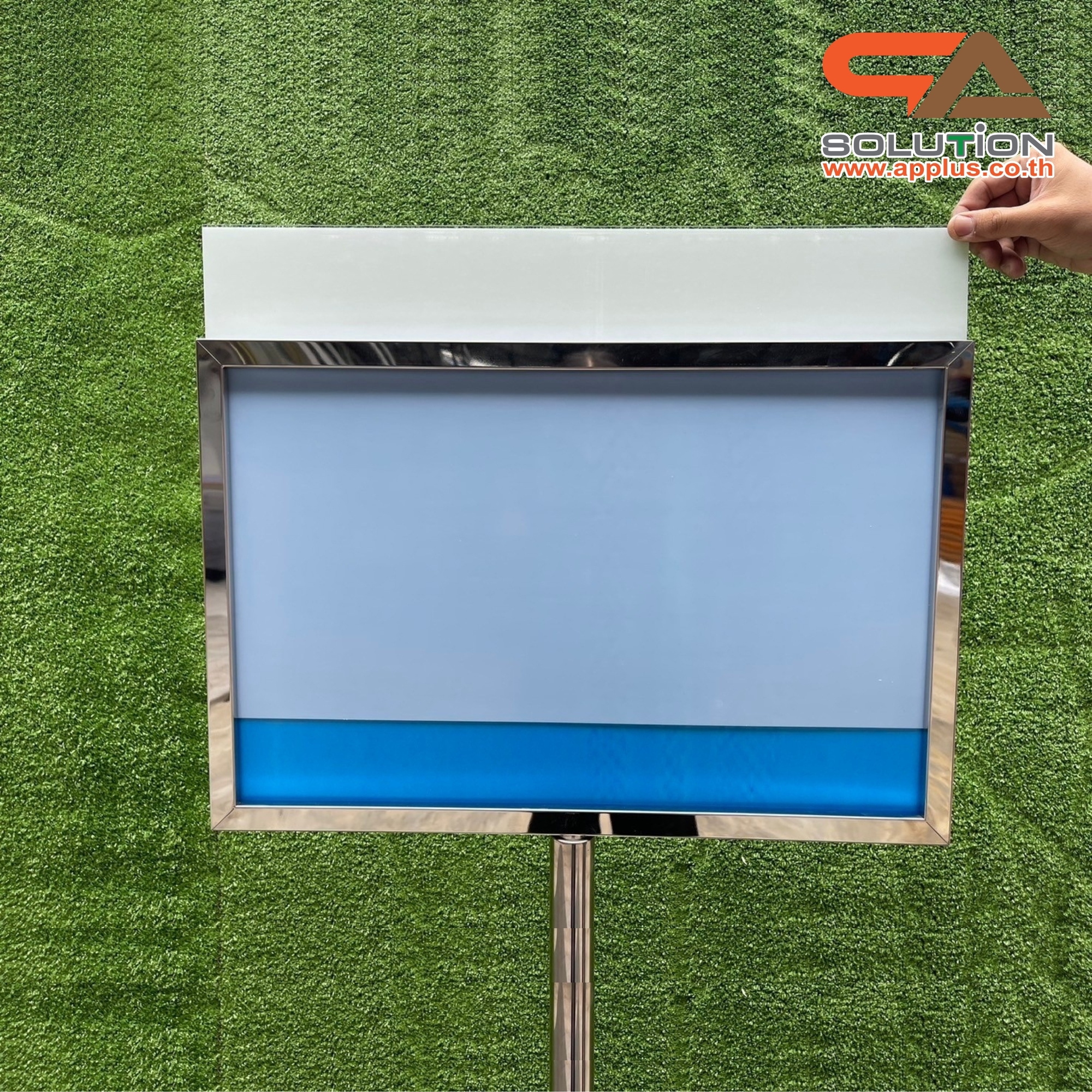 เช่าโปสเตอร์สแตนด์ สแตนเลส ขนาด A2 ฐานกลม โชว์ภาพ2ด้าน สอดงานพิมพ์ด้านบน