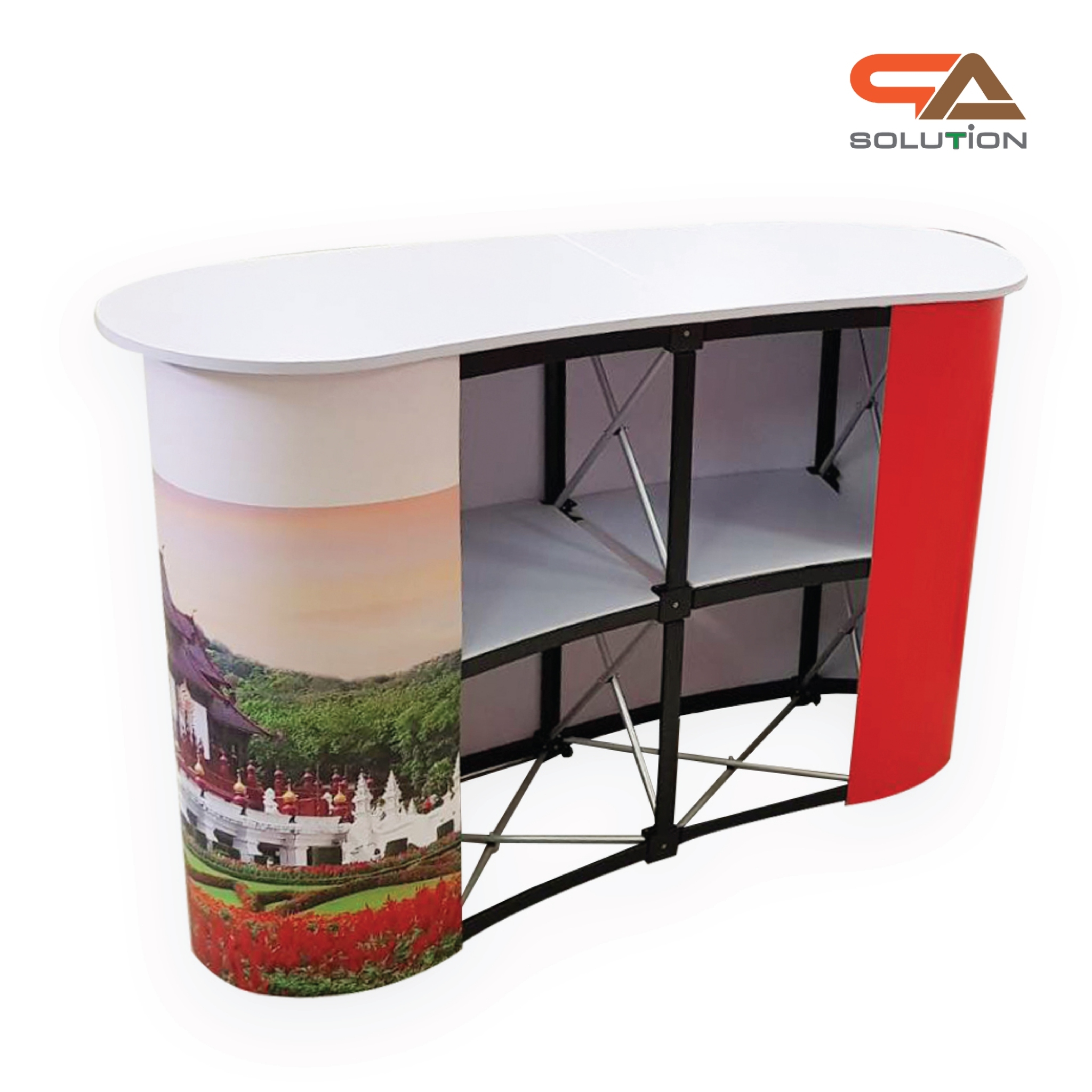 เคาน์เตอร์ออกบูธ รุ่นโค้ง TOPสีขาว มีชั้นวาง ขนาด (W)131 x (D)39 x (H) 87 cm.โครงอะลูมิเนียม พับเก็บได้ เคลื่อนย้ายสะดวก