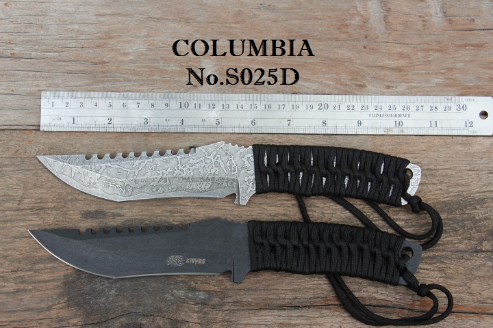 มีดใบตาย COLUMBIA รุ่น S025D สีรมดำ มีด FULL TANK สีเงินใบลาย พร้อมซองไนลอน สำเนา