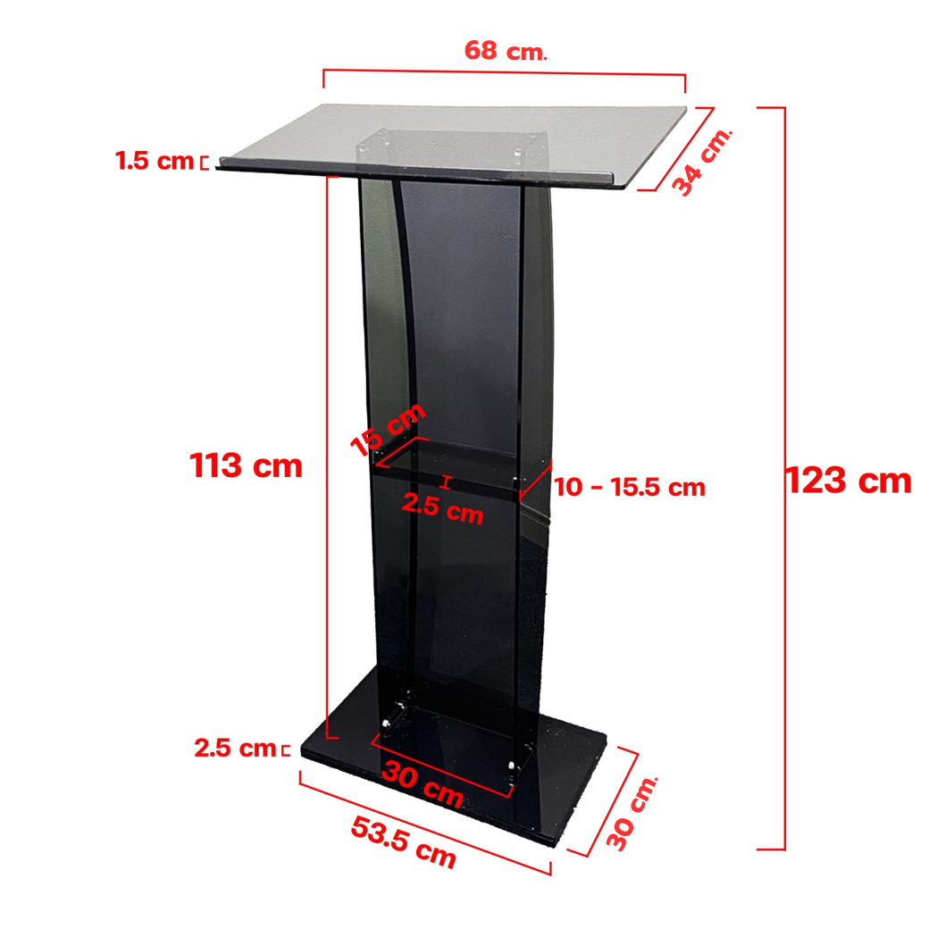โพเดียม อะคริลิคสีดำใส ขนาด(W)68 x (L)34 x (H)123 cm. TOP เอียงพร้อมกันตก วัสดุอะคริลิคใส หนา 8 มม.