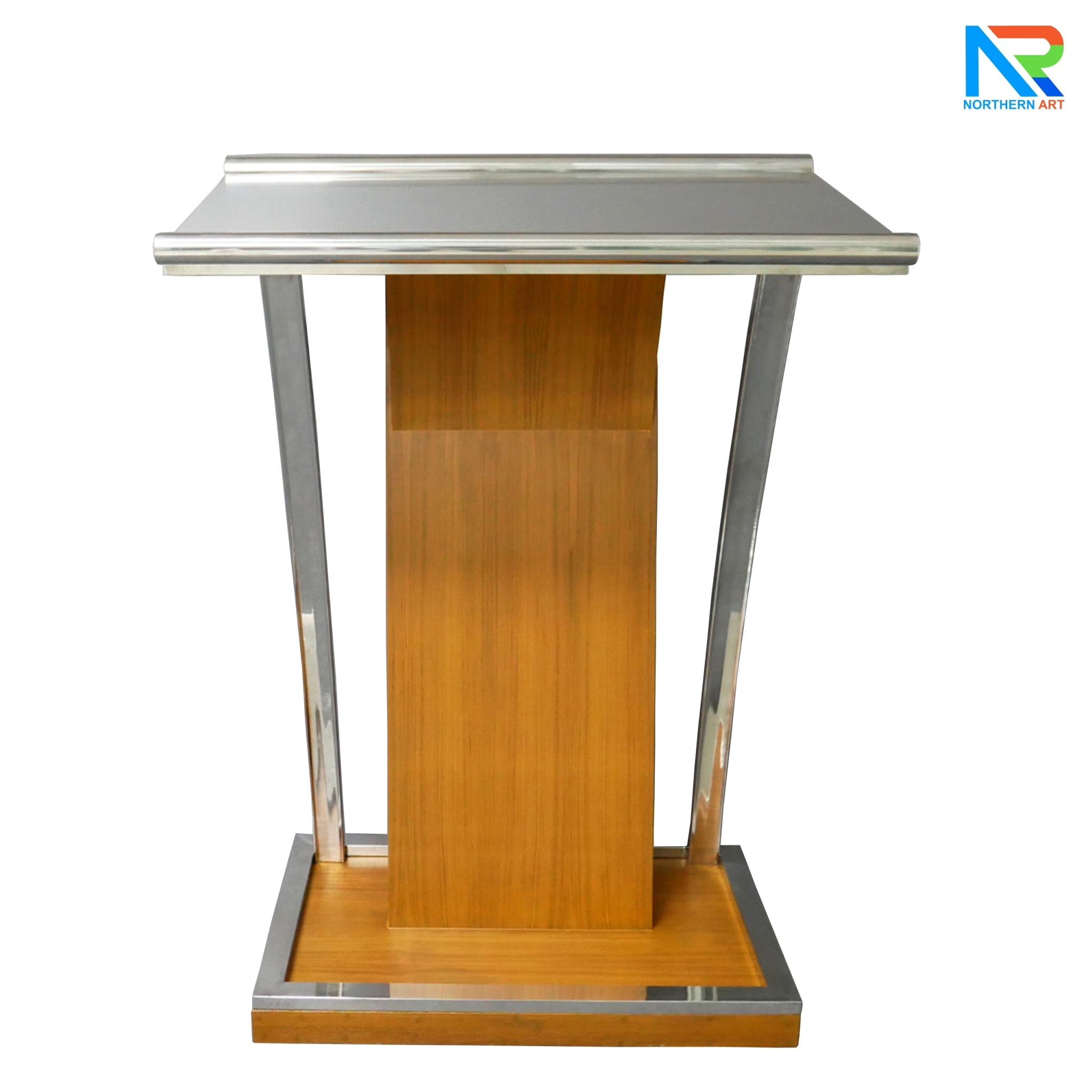 โพเดียมไม้ยืนคู่ Top หุ้มสแตนเลสยืนคู่ สีสัก ขนาด (W) 90x (L) 59 x (H) 120 cm. พร้อมตกแต่งเสาโค้งสแตนเลสเกรด304