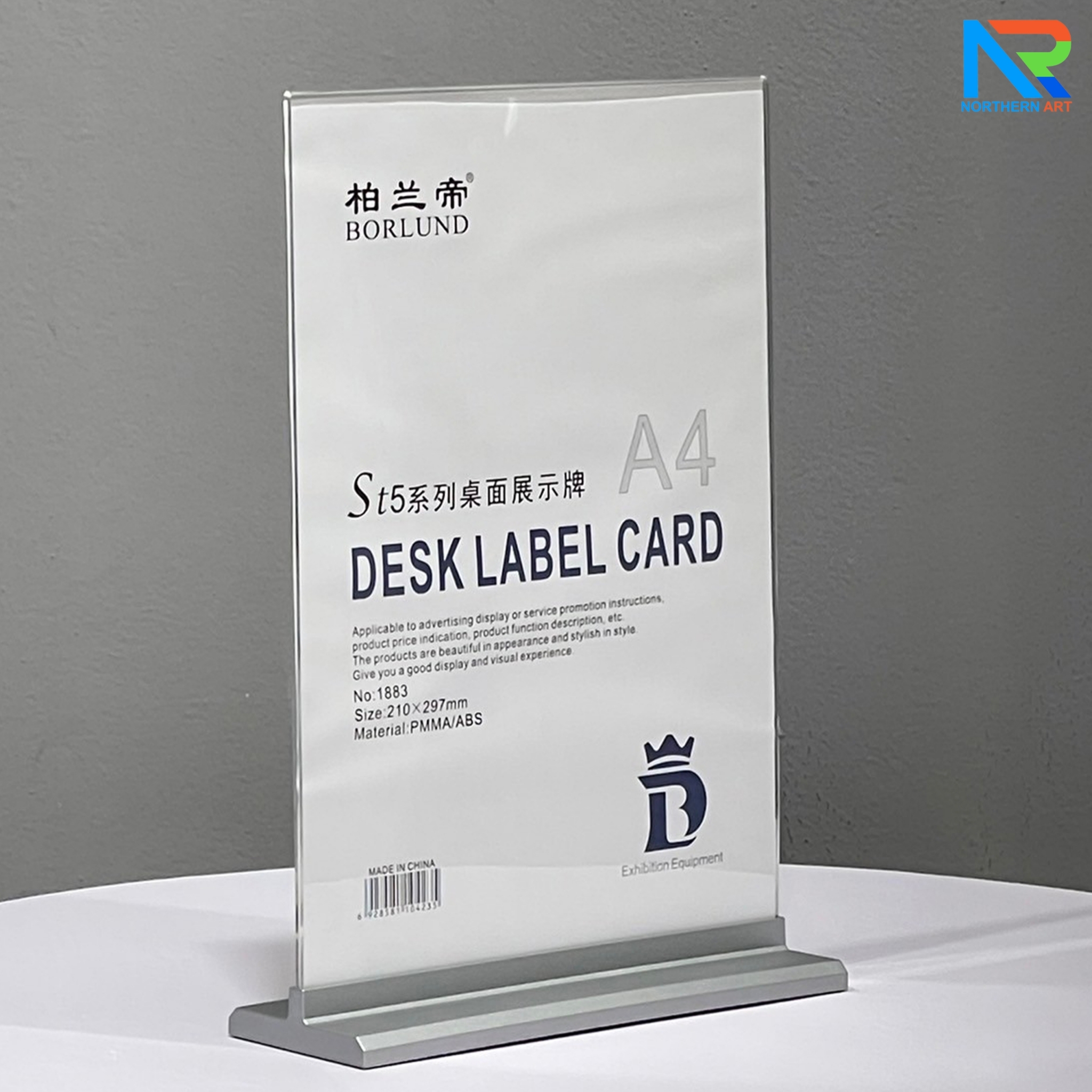 ป้ายตั้งโต๊ะ อะคริลิค ฐานพลาสติก สีเงิน ขนาด A4 โชว์งานพิมพ์ได้ 2 หน้า ถอดประกอบได้